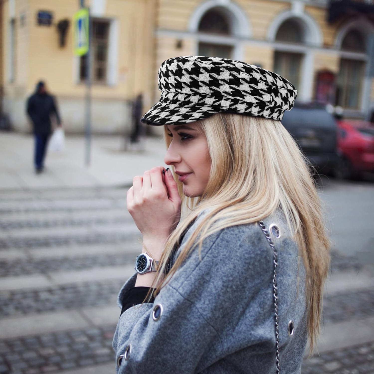 Houndstooth Pattern Hat Chic Fiddler Cap for Women – Fashionable Plaid Beret, Stylish Caps, Black and White Cap, French Summer Cabbie, Baker Boy Fall Chic Fiddler Print Visor Berets for Ladies - Image 5