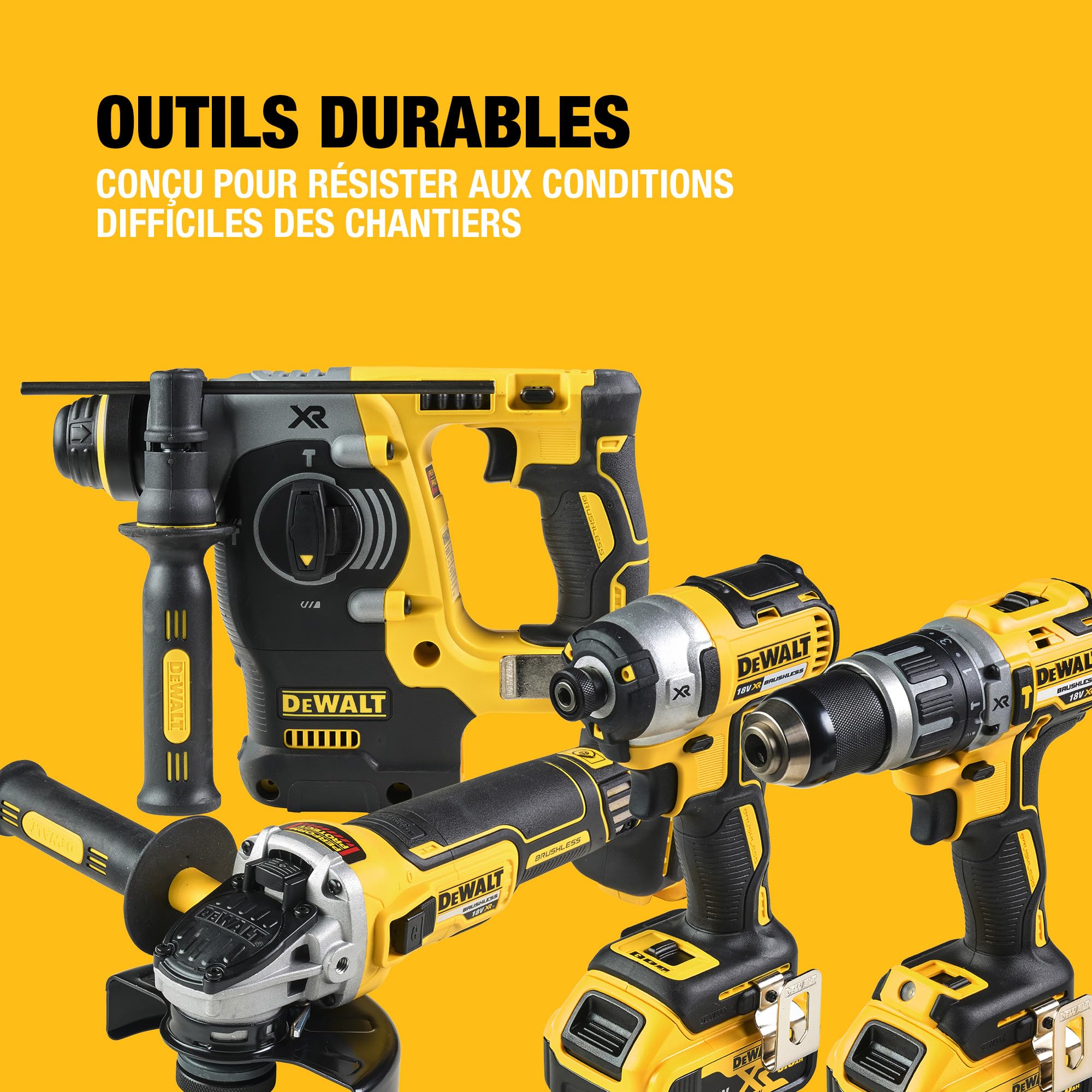 DEWALT Kit 4 Outils XR 18V Brushless Perceuse Visseuse à percussion Visseuse à chocs Meuleuse Perforateur 3 Batteries 5Ah Chargeur Coffrets TSTAK DCK422P3T-QW