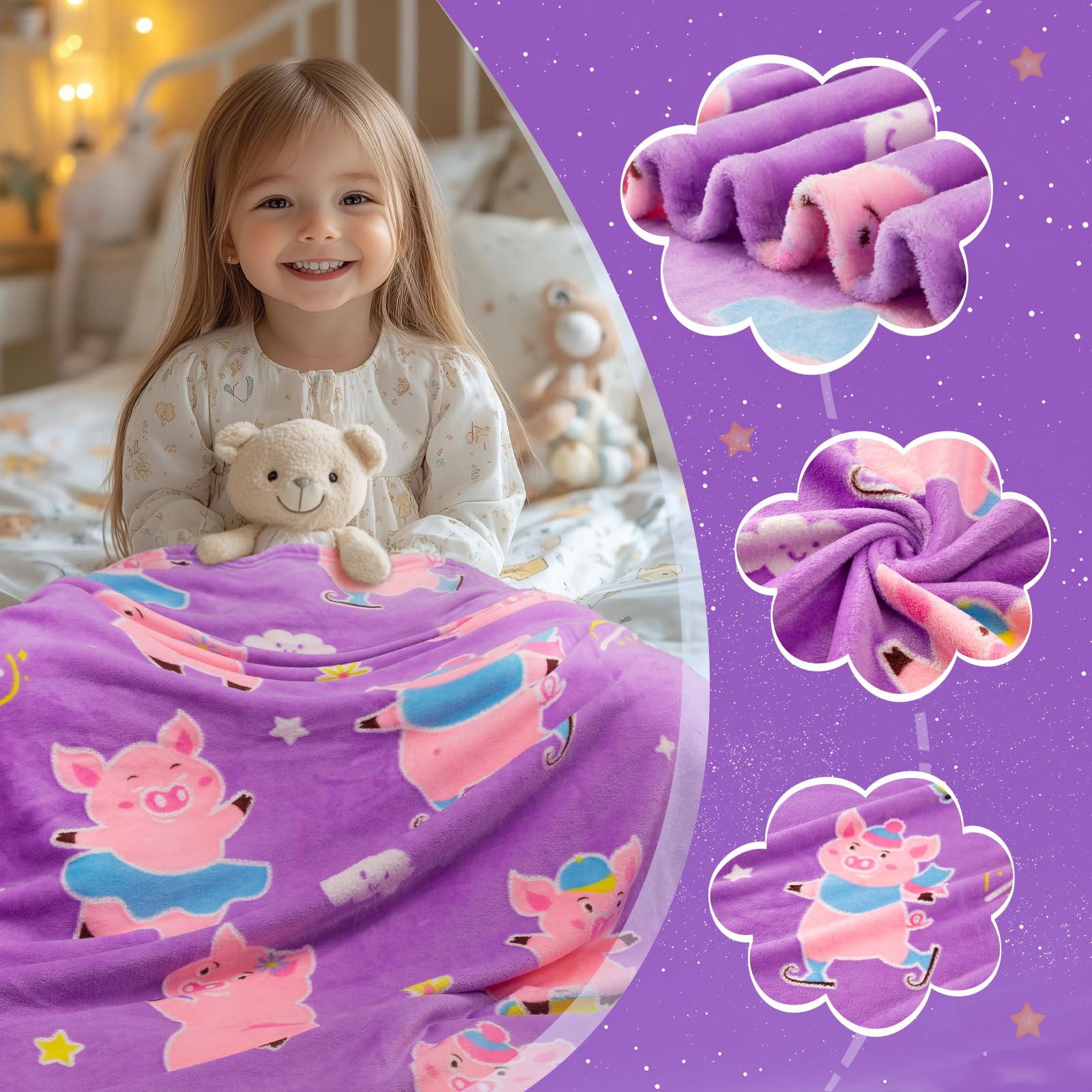 Glow In Dark Pig Blanket For Kids - Kawaii Pink Pig Themed Throw For Girls Birthday Christmas Gifts