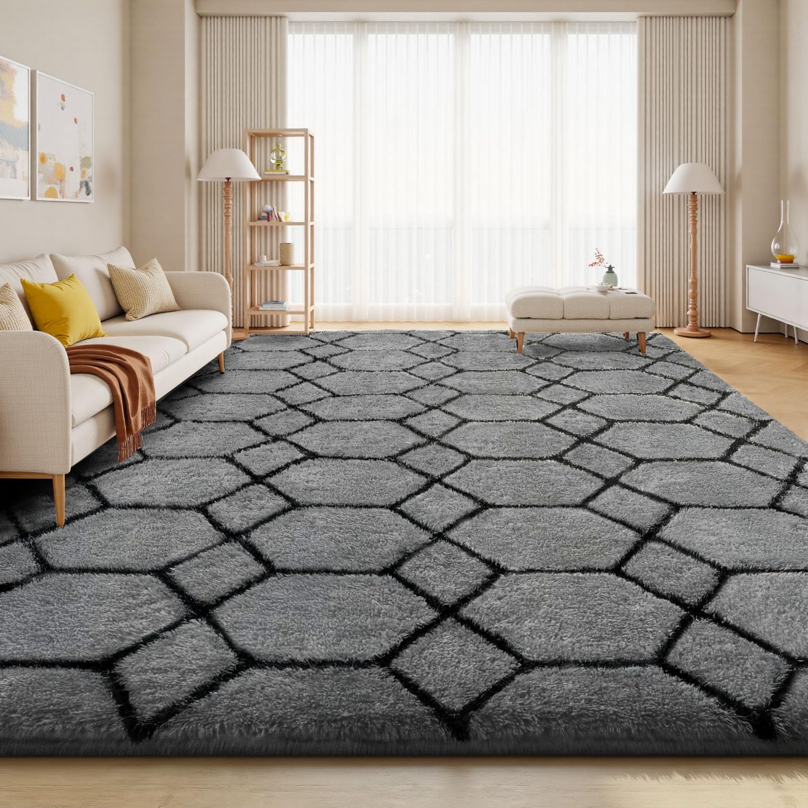 Sour Lemon Rugs Living Room 240x340cm, Grey Area Rugs for Bedroom, Washable Anti Slip Large Shaggy Soft Rug Fluffy Modern Carpets Mat Beside Area Rug for Living Room Kids Room