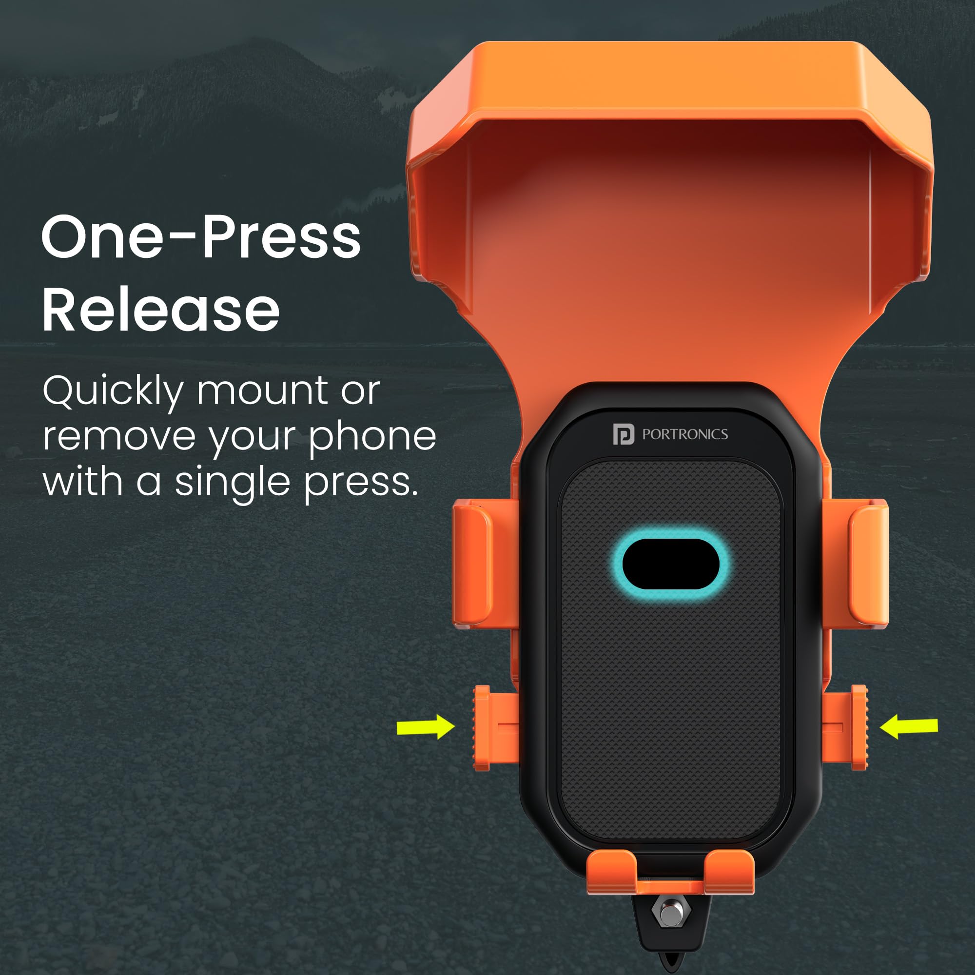 Portronics Mobike 4 Plus Handlebar Mount Mobile Holder with Sunshade & Light Rain Protection, One-Press Release, 360° Rotation, 4-Point Grip Lock, Fits 5.4–6.7 Inch Smartphones, for Maps & Navigation 1
