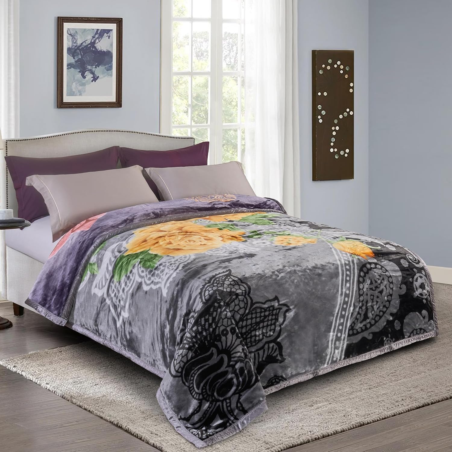 Pure Bedding Fleece King Size Blankets for Bed - Korean Mink Blanket - Soft Plush Cozy Fuzzy Luxury Microfiber, 5 LB, 2 Ply Reversible, 79x95 inches, Grey Peony Rose Purple