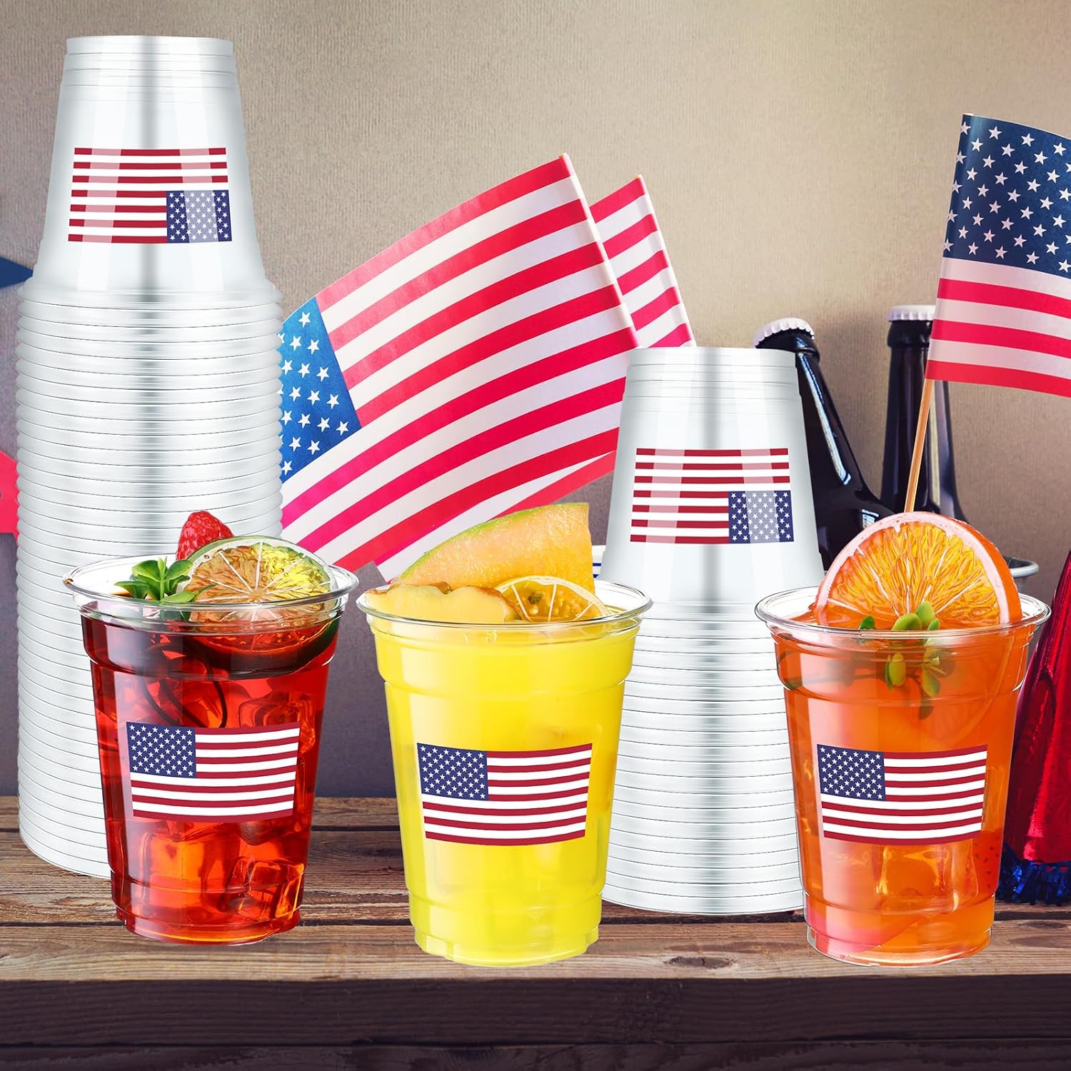 Jinei 50 Pcs 12 oz Patriotic Plastic Cups 4th of July American Flag Cups Red Blue White Stars and Stripes Disposable Drinking Accessories for Independence Day Commemorative Party Supplies