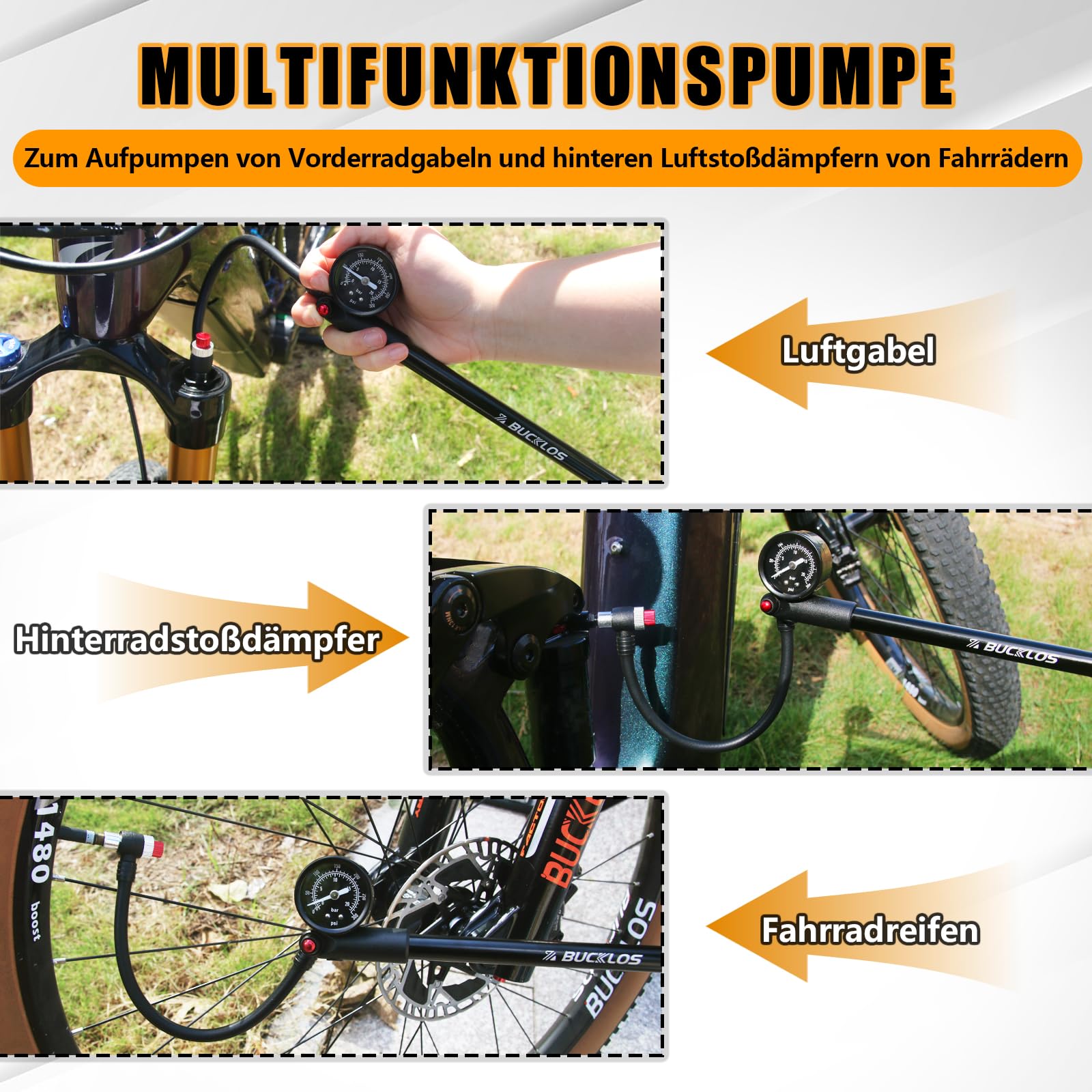 Pompe à choc pour VTT - Amortisseur à fourche à air 300 psi / 400 psi - Pompe d'amortisseur haute pression avec manomètre pour VTT / vélos de route - Pas de perte d'air - Outil de vélo