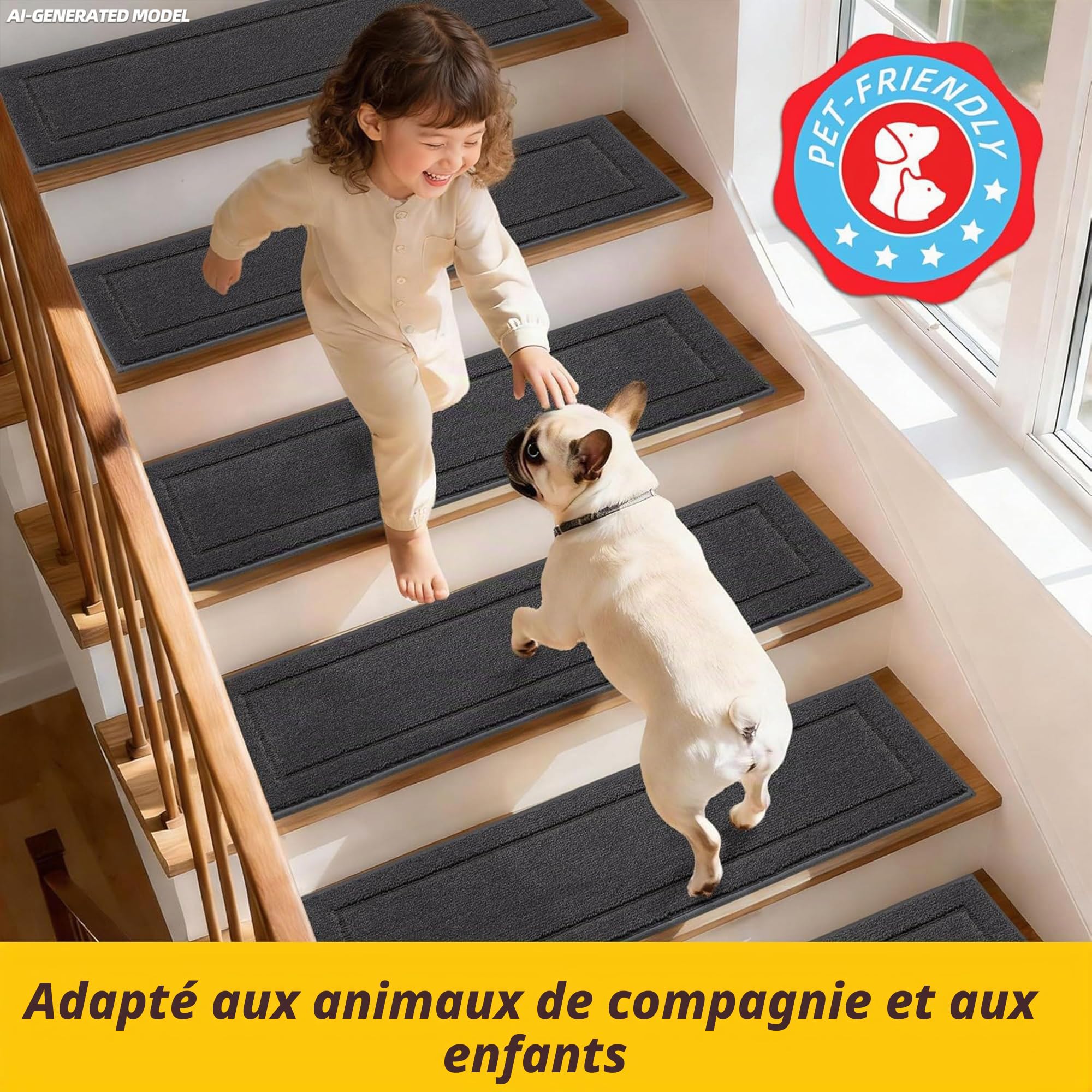 JSEI Tapis Escalier Antidérapant, Lot de 15 Marchettes Escalier Autocollantes Lavables, Tapis de Marche 20,3 x 76,2 cm, Dos TPE, Gris Foncé
