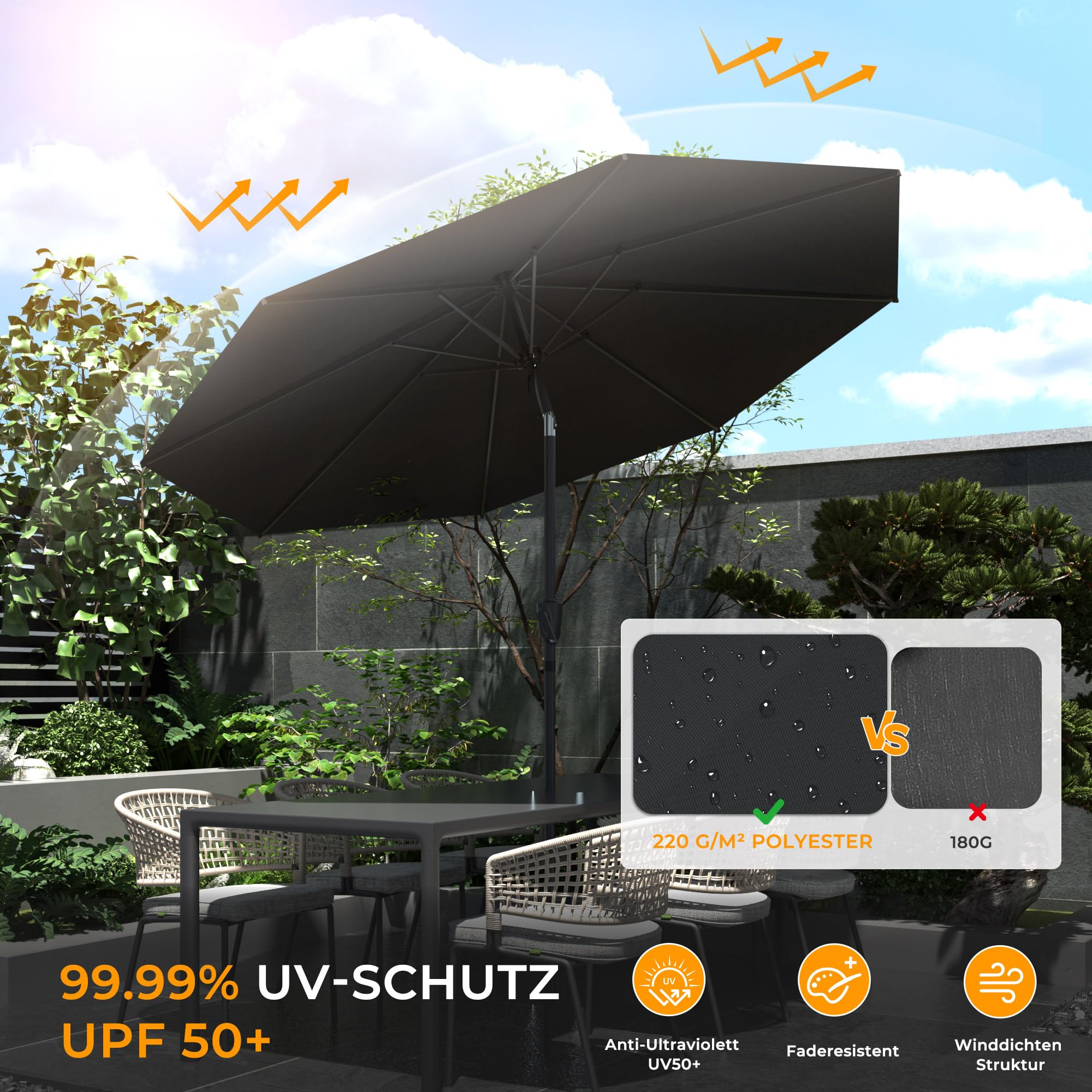 HOMEDEMO Aluminum Sonnenschirm Gartenschirm mit Kurbel, Marktschirm Terrassenschirm,Ø 300 cm, Tischschirm für Terrasse, Garten, Balkon, Pool, patio umbrella Anthrazit，Schutz 50+ Neigbar