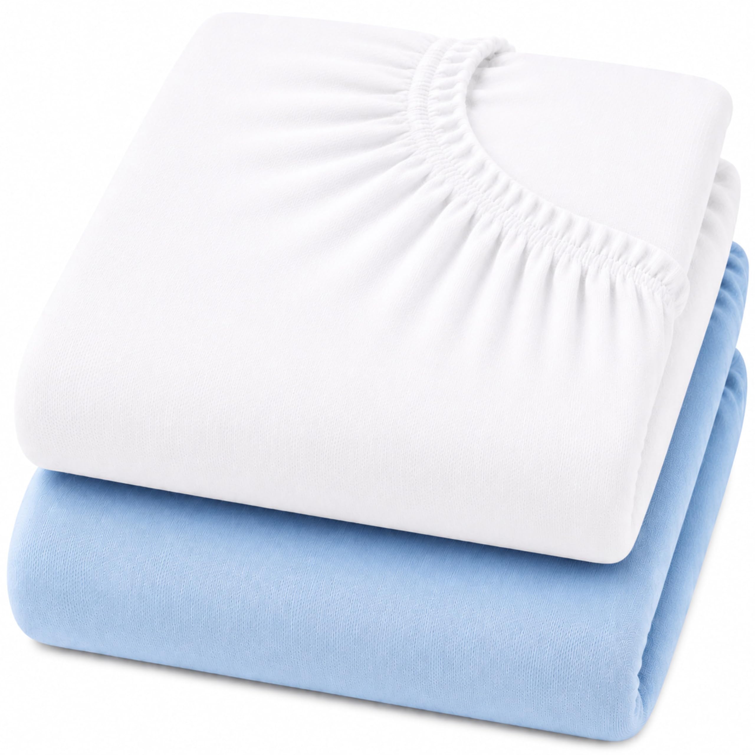 Dudu N Girlie Space Saver Cot Fitted Sheets 100x50cm – White & Blue, 2 Pack, 100% Jersey Cotton Bedding for Mini & Compact Baby Beds