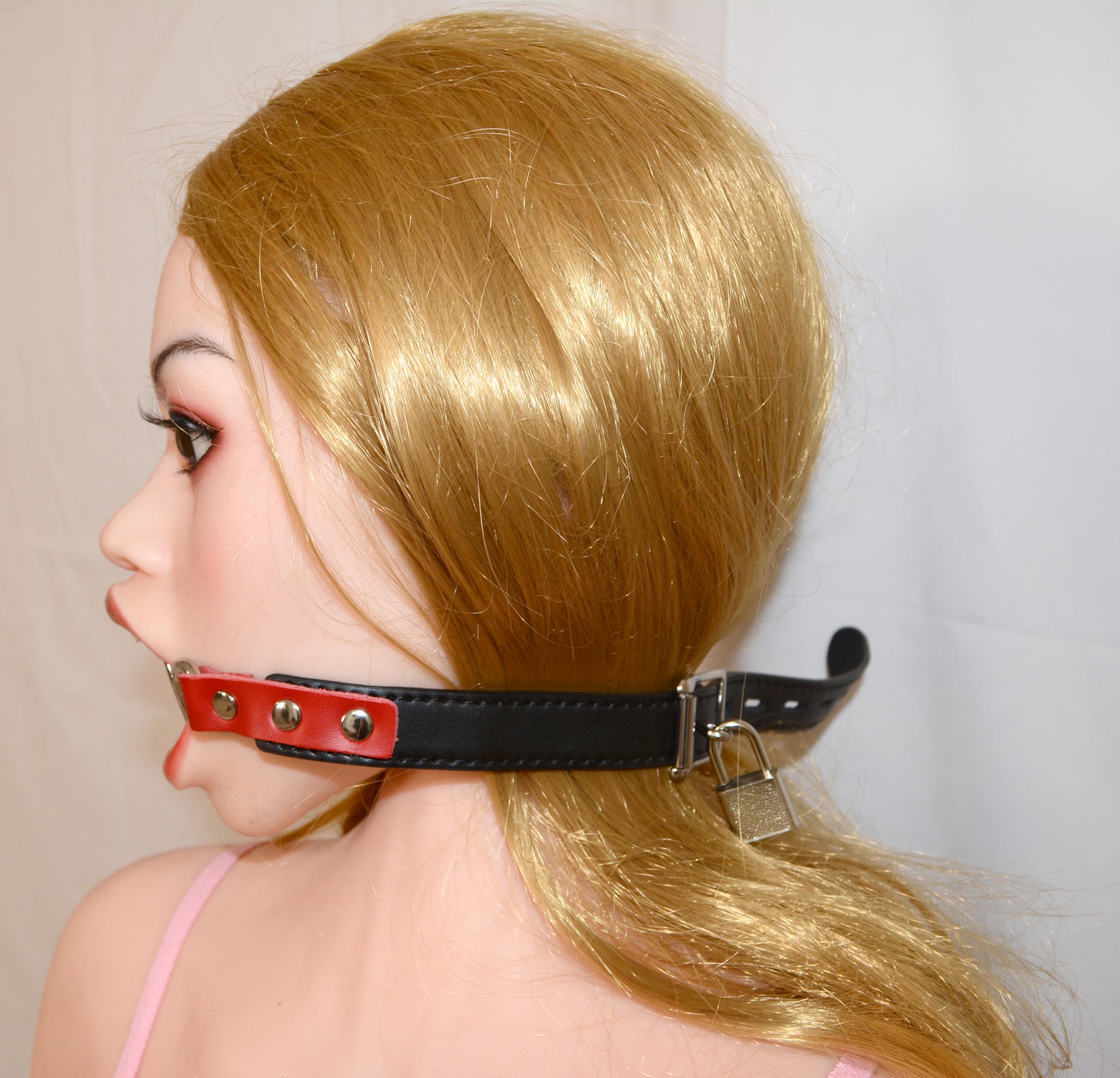 Mordaza BDSM Ring Gag & abre bocas – mordaza abierta con 2 anillos metálicos, con candado, arnés ajustable en cuero sintético para bondage & fetichismo