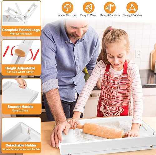 Miniatura 3 de Greenual Paquete de 2 bandejas de cama con asas y patas plegables, bandeja de bambú para desayuno con ranura para medios, uso como plato, escritorio
