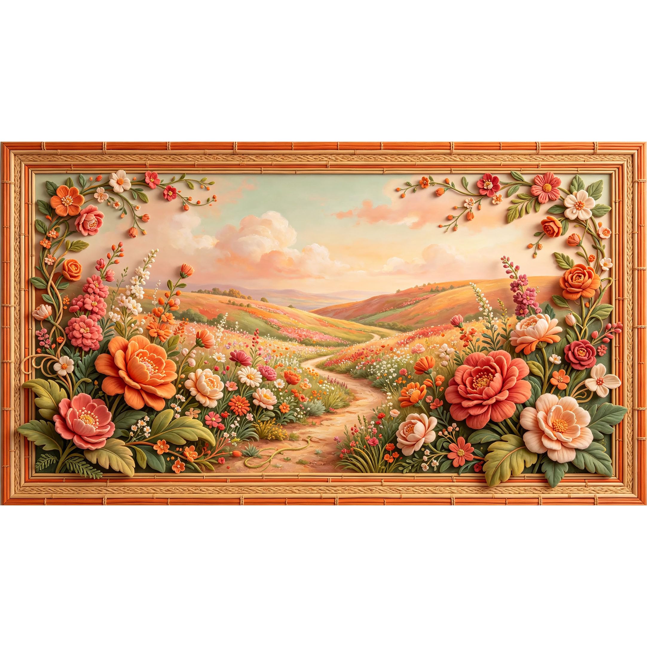 QZLITHOTIC 50×100cm 3D Framed Wall Art， Floral Meadow Landscape Self?Adhesive Mural， Water?Activated Peel & Stick Fabric Decor Wall Decal for Bedroom Living Room