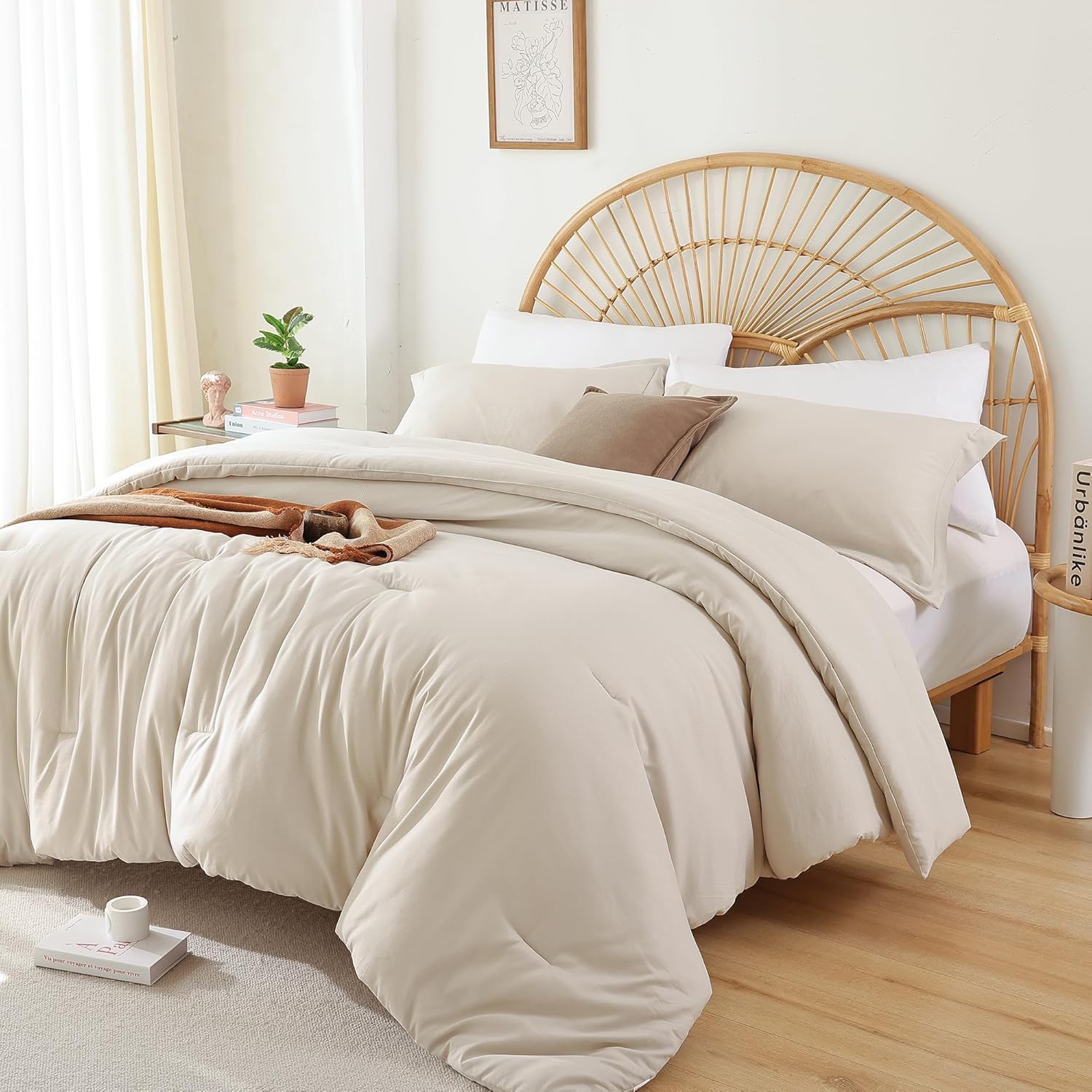 JANZAA King Size Comforter Set 7 Pieces Bed in a Bag Beige Comforter