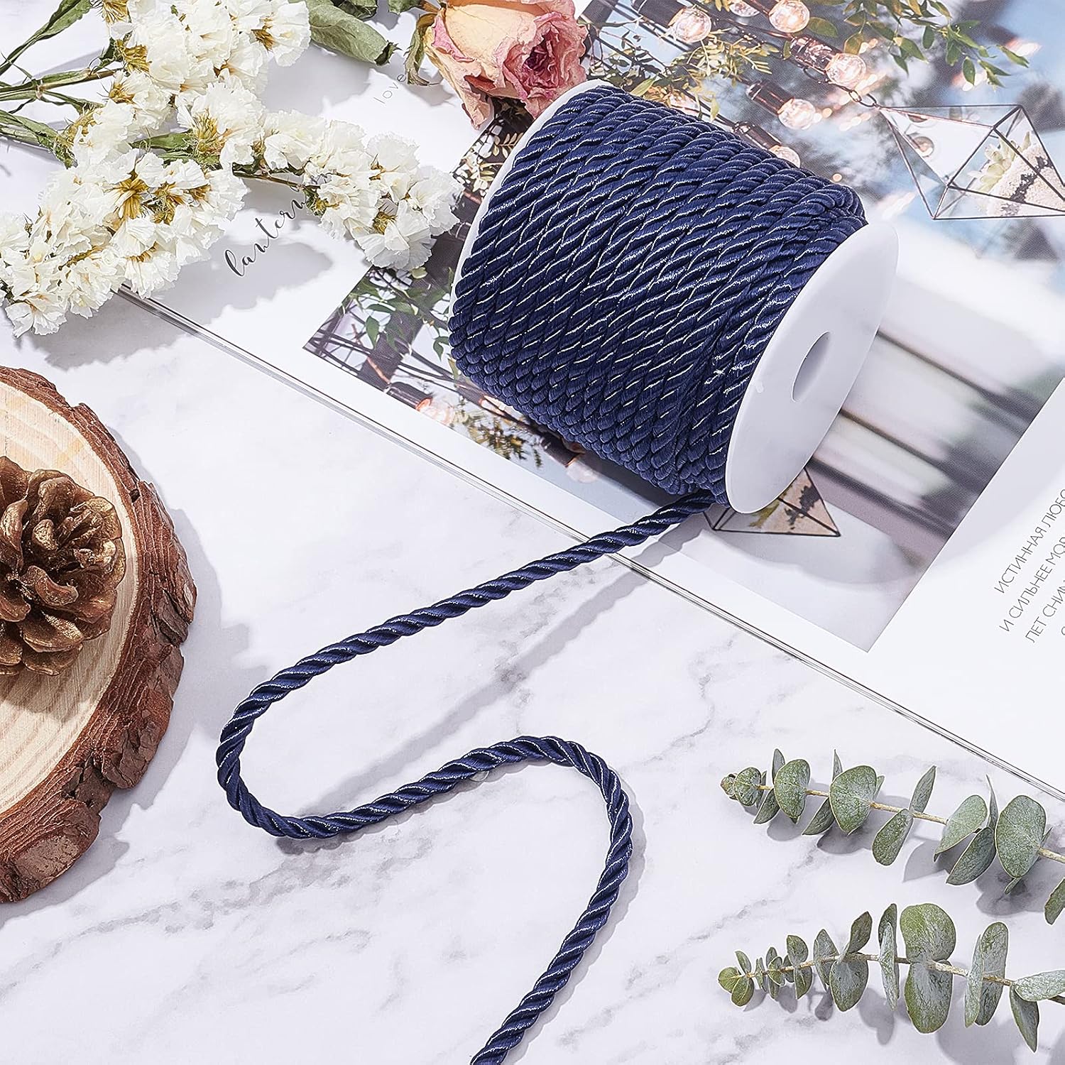 PH PandaHall 19.6 Yard Twisted Cord Rope 5mm 3-Ply Polyester Cord Decorative Twisted Cord Blue Silk Rope for Christmas Valentine Party Home Decor Gift Bag Curtain Upholstery Costume