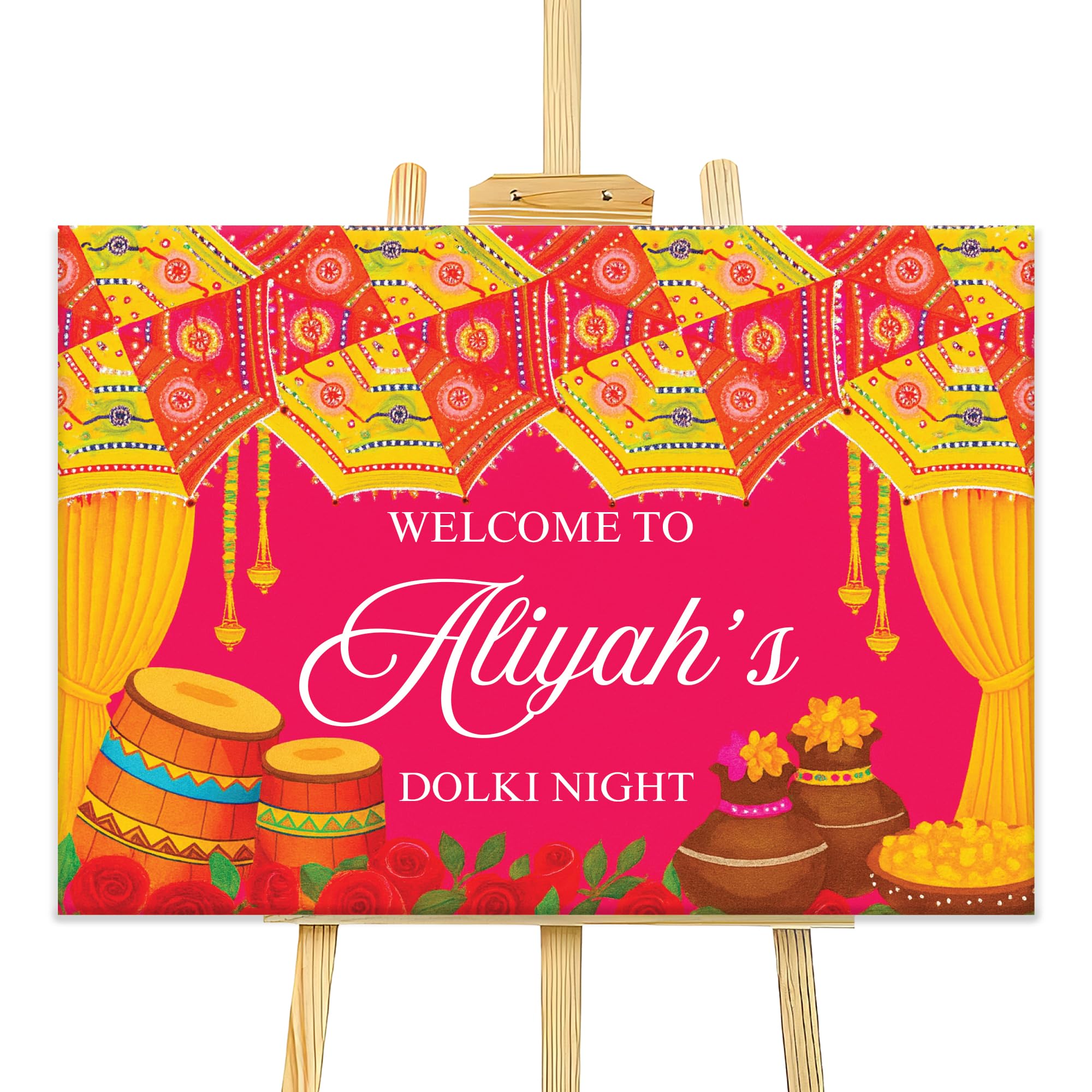 Personalised Dholki Welcome Entrance Sign Board Indian Wedding Party Decor for Sangeet, Dholak Night A1 Foamex Board (Design 7)