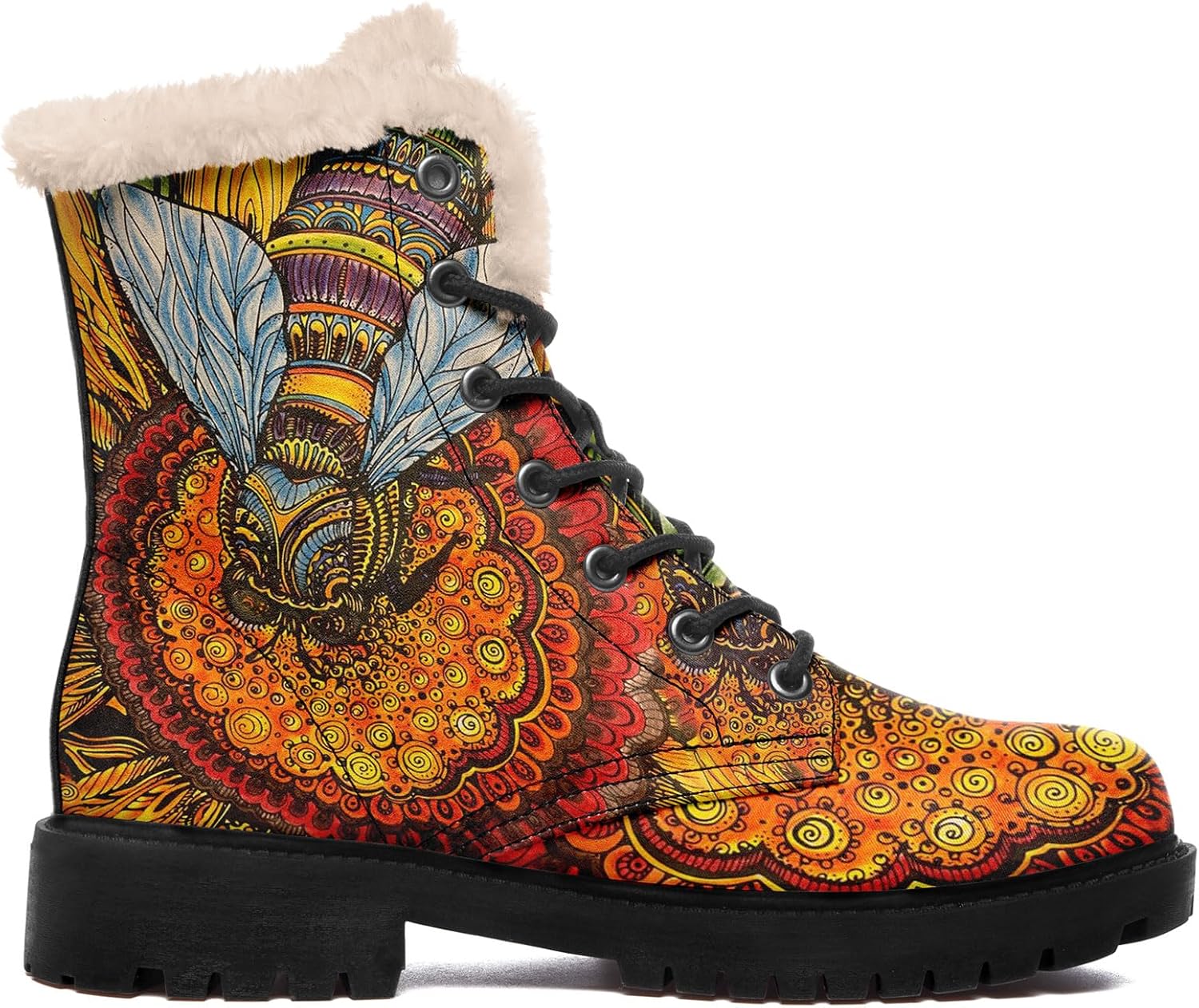 Bohemian Artistic Winter Boots for Women with Sun Moon Bee Mandala Patterns,Lace-up Cozy Snow Boots with Faux Fur Lining