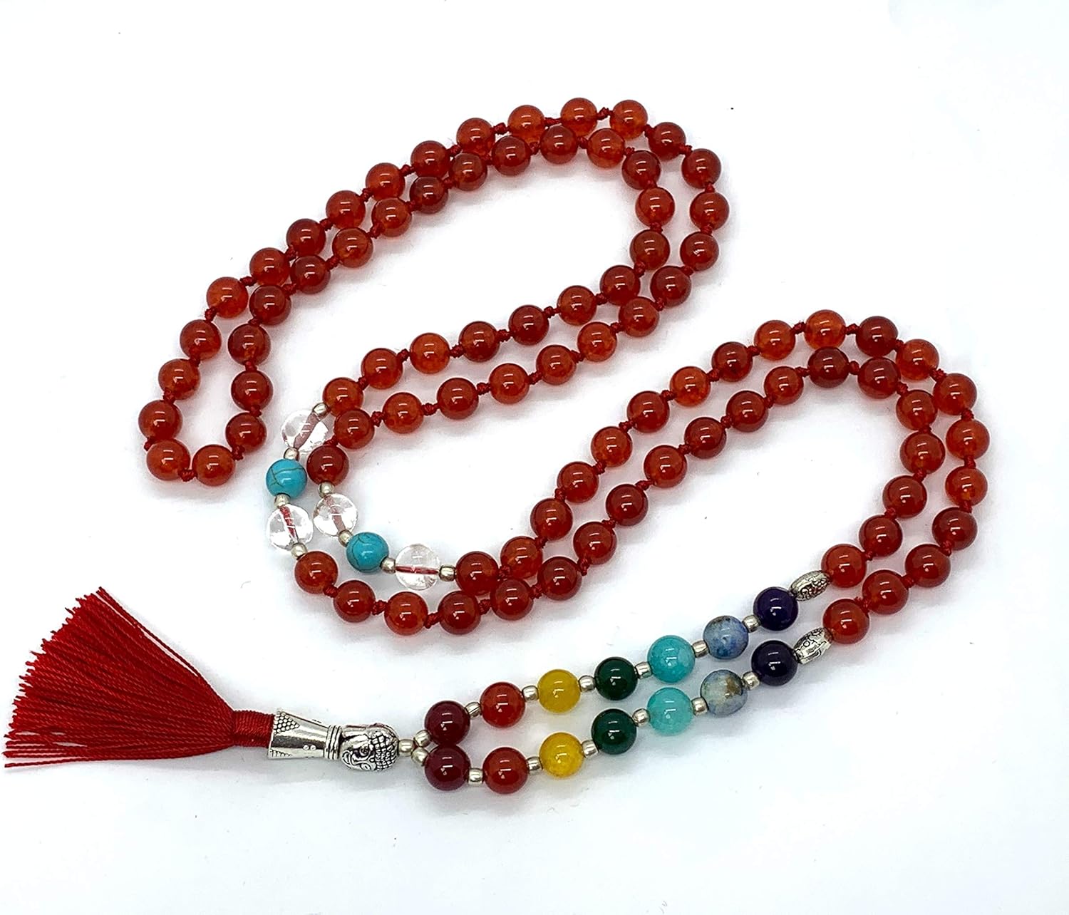 Energized 7 Chakra mala Hand Knotted 108 mala beads necklaces - Japa mala - Buddhist prayer beads - Meditation beads - Healing crystals for men women (Carnelian 1st chakra Root Chakra Mala)
