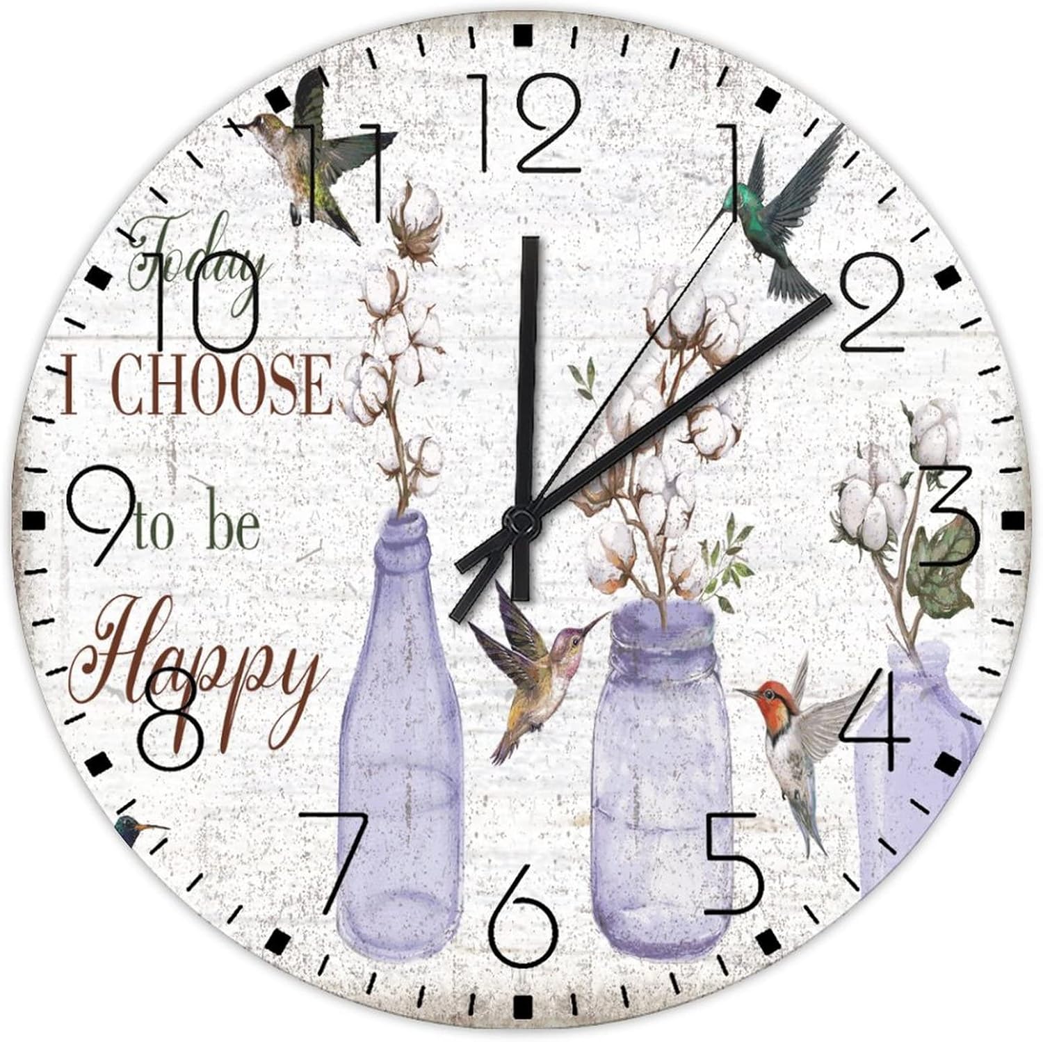 Wood Hanging Wall Clock Non-Ticking Sweep Movement Today I Choose Be Happy Farmhouse Wall Clocks Hummingbird Vase Flowers Birds Wall Decor for Girls Room Bedroom Gym 12 Inch