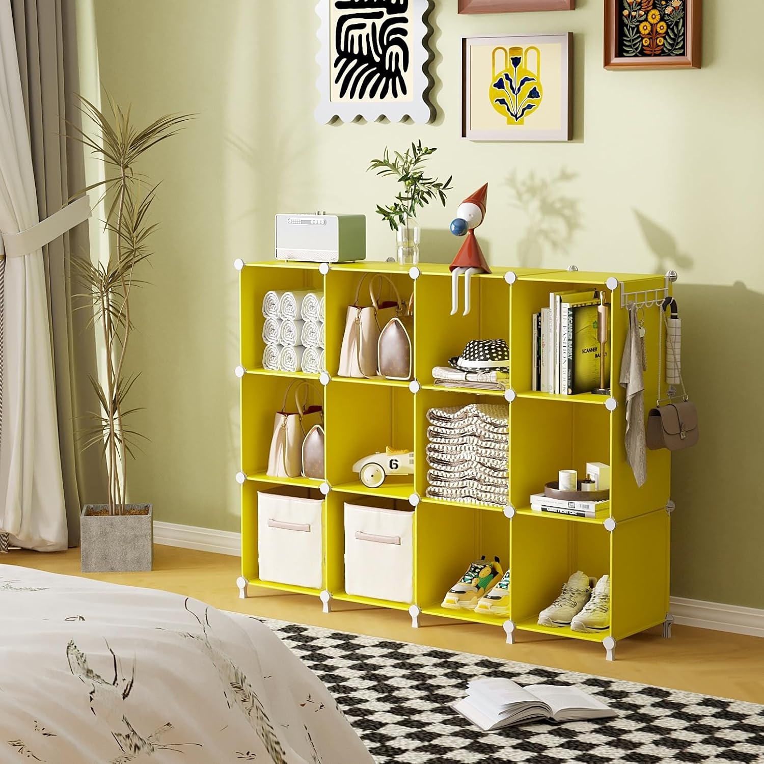 AWTATOS Cube Storage Organizer, Storage Cubes Shelves, 12 Cube Closet Organizers and Storage, DIY Stackable Bookshelf Plastic Clothes Organizer Shelving for Bedroom, Home,Yellow - Image 4