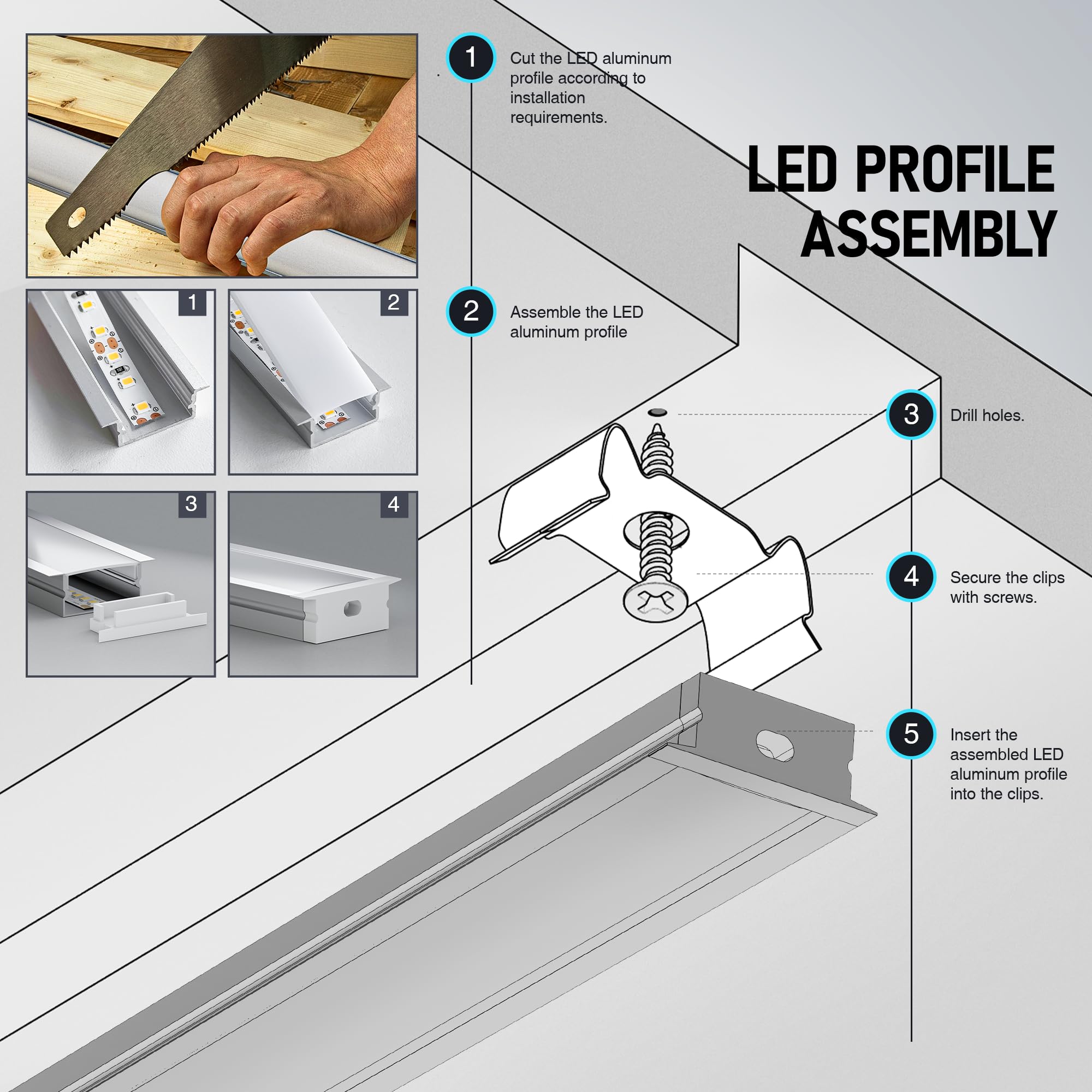 20 x Profilé LED Encastrable 2 m (40 m), Profilés en Aluminium en U pour Ruban led jusqu'à 15 mm, 26,7 x 10 mm, Rail Led avec Diffuseur LED en PC, Idéal pour Plafond et Installation Encastrée