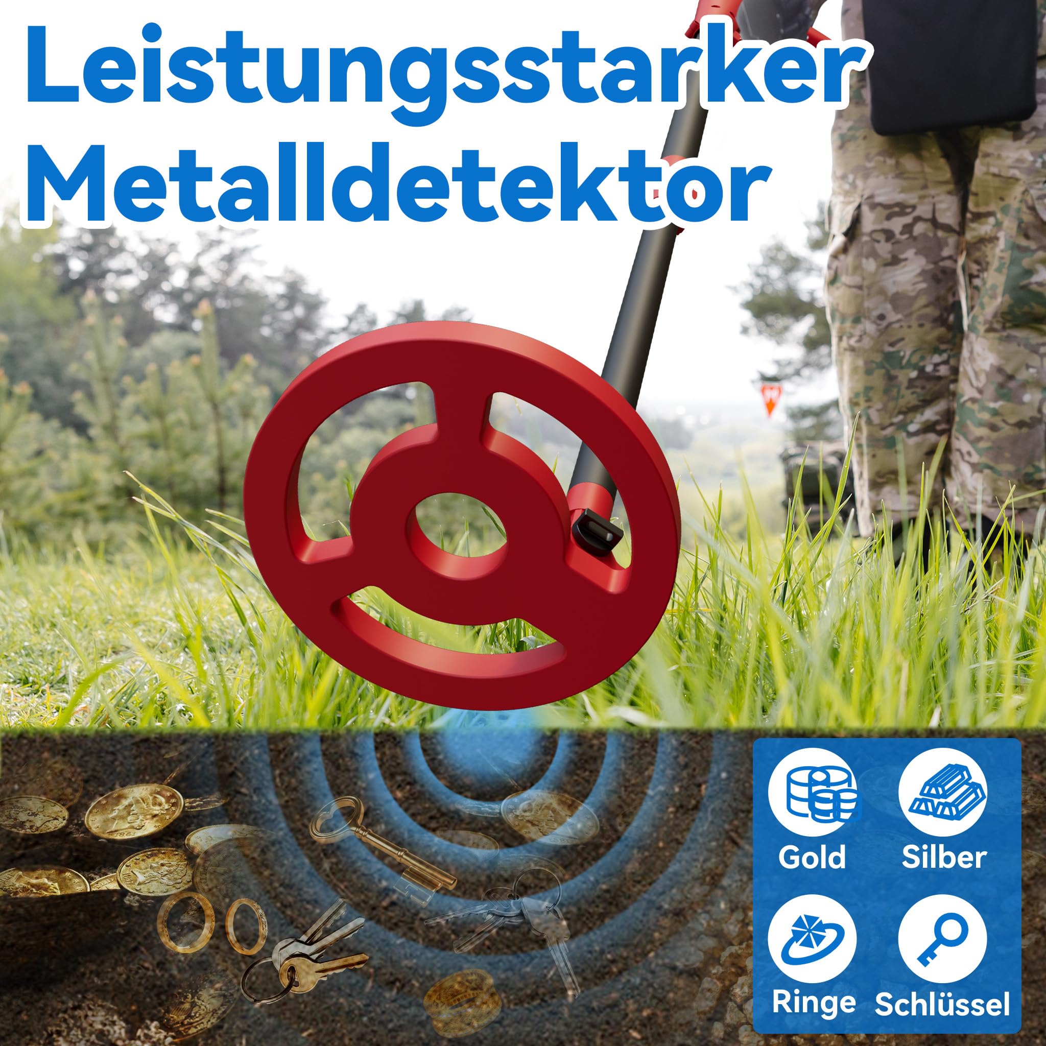 XMTECH Kinder Metalldetektor Rot, Verstellbarer Schatzsucher mit wasserdichter 16,5 cm Suchspule, LCD-Display, Signalton, inklusive Schaufel & Tragetasche, Metallsuchgerät für Kinder & Erwachsene