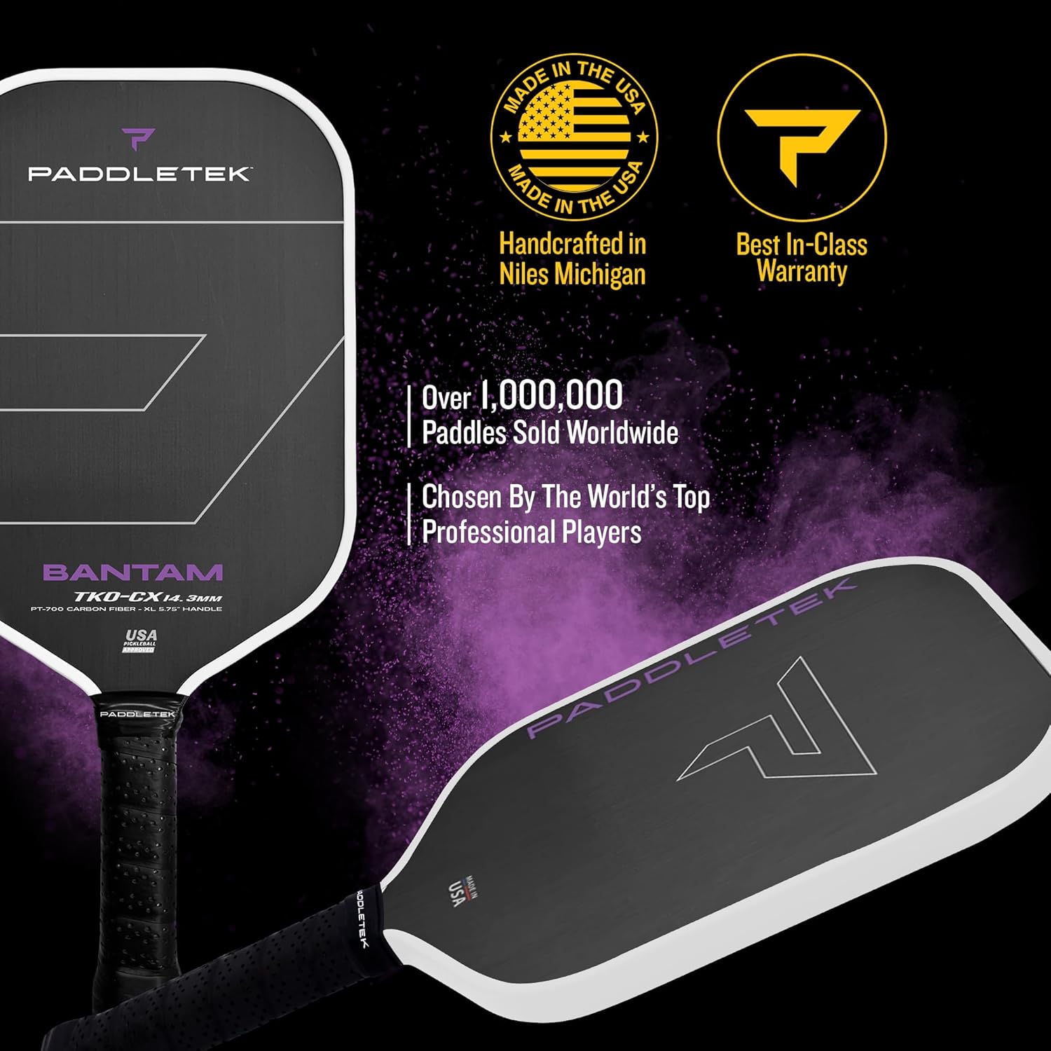 Paddletek Bantam TKO-CX 14.3mm Pickleball Paddles with Polymer Honeycomb Core - Unidirectional Carbon Fiber – Torsional Weighting & High Tack Performance Grip - USAPA Approved - 5.75 Inch Handle - Image 2