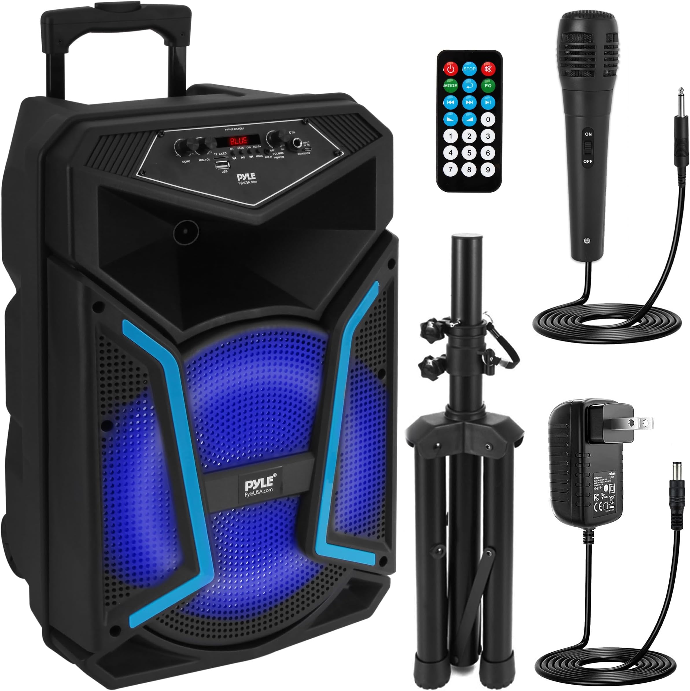 Portable Bluetooth PA Speaker System - 800W Outdoor Bluetooth Speaker Portable PA System w/ Microphone In, Party Lights, MP3/USB, FM Radio, Rolling Wheels - Mic, Remote - Pyle PPHP122SM,Black