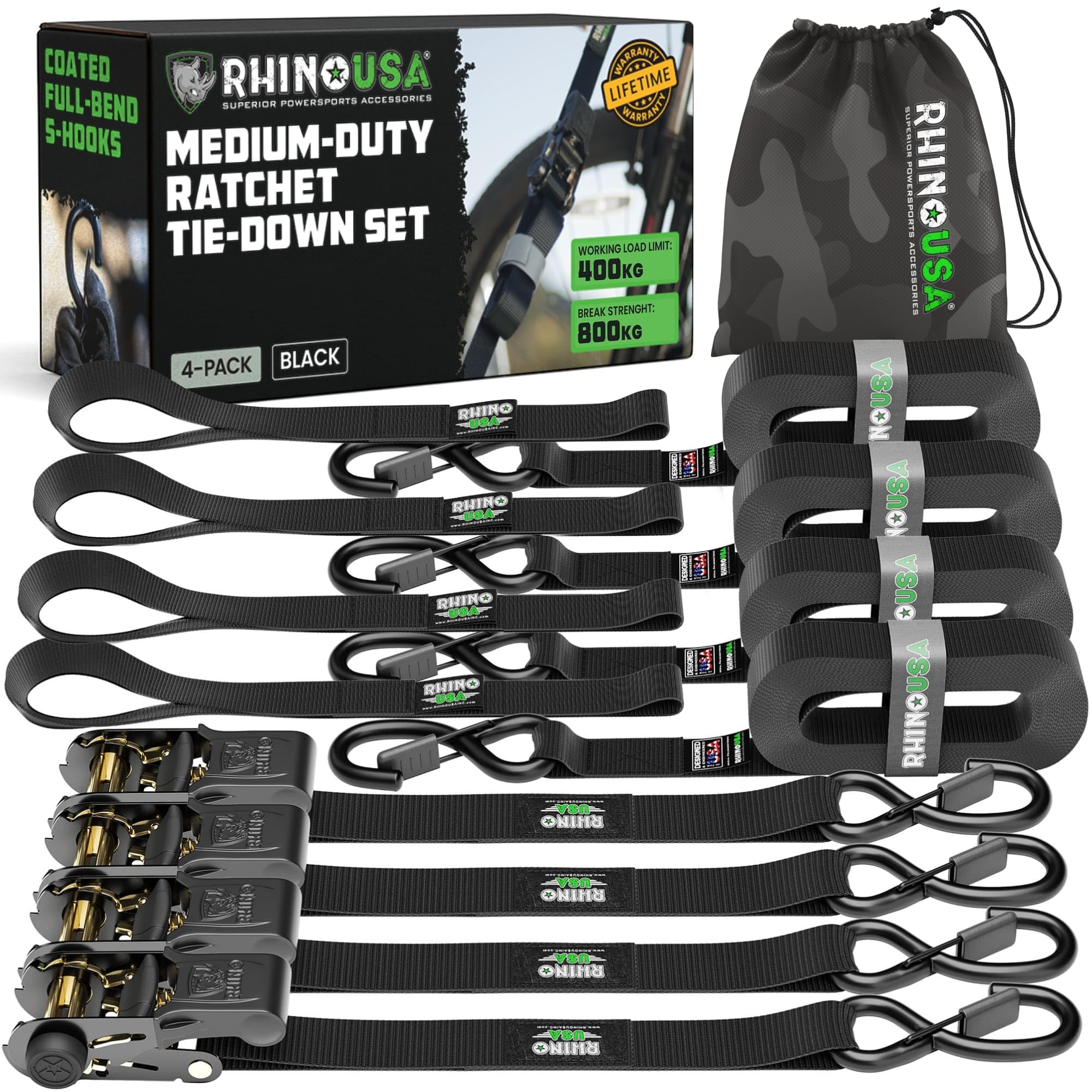 Cinghie a Cricchetto Rhino USA (4-Pack) - 2.5 cm x 4.6 m (800 kg di Resistenza alla Rottura) - Ganci a S di Sicurezza - Cinghie Premium per Camion, Carichi, Traslochi, Elettrodomestici - Nero