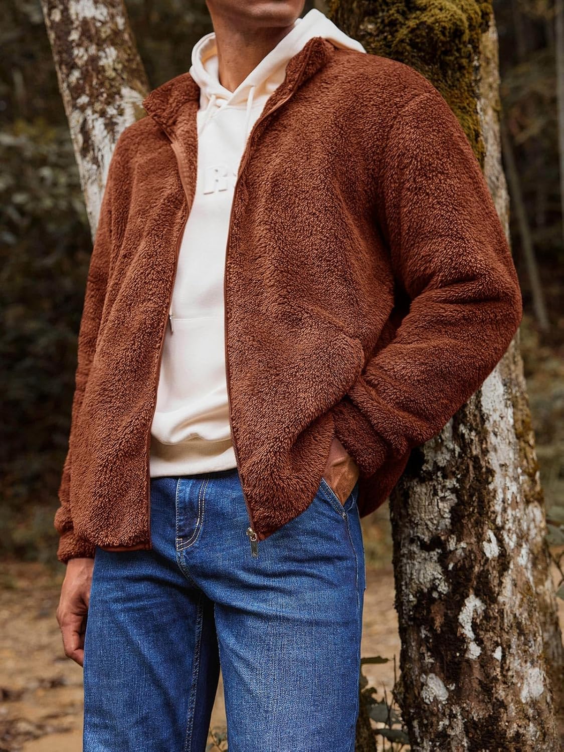 Runcati Mens Fuzzy Sherpa Jacket Cardigan Fleece Long Sleeve Full Zip Open Front Thermal Coat Fall Winter Outwear - Image 3