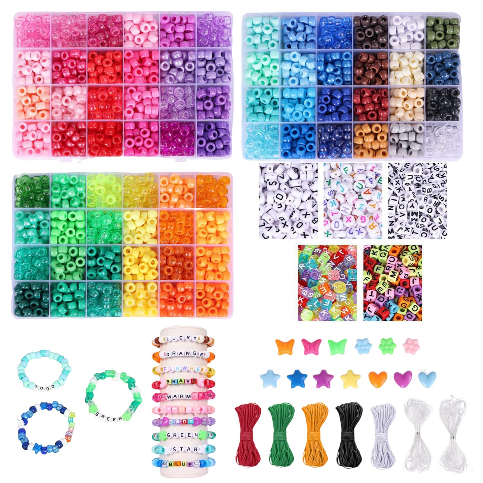 Jiakalamo 3600 Pony Beads, 1000 Letter Beads Bracelet Making Kit, 100 Colorful Pendant Bead with 7 Rolls of Elastic Cord, Colourful Bead Easy to Learn DIY Craft Making Kit(Rainbow)