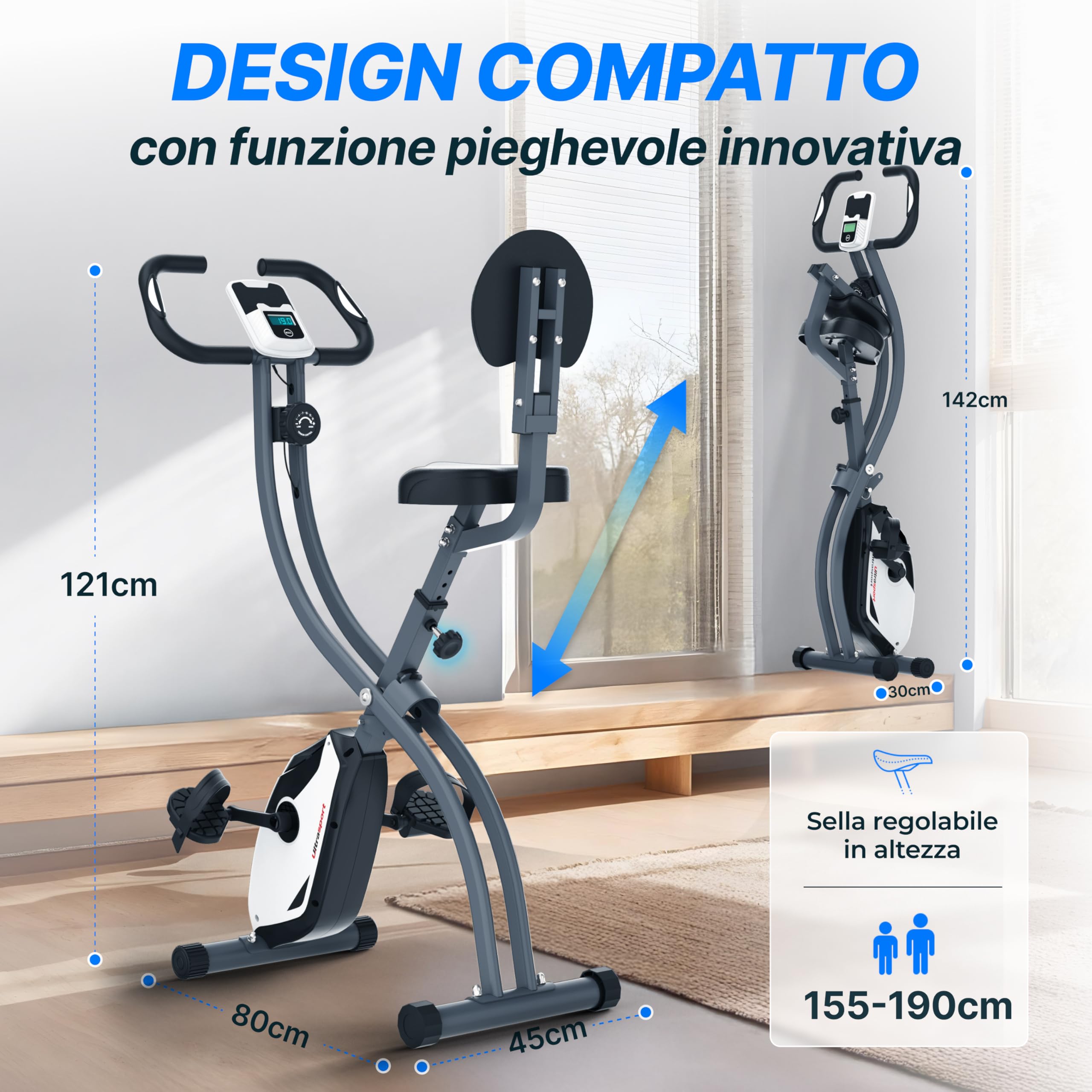 Ultrasport F-Bike Cyclette da Casa Pieghevole I Cyclette Pieghevole da Casa fino a 130 KG con Sella Extra Confortevole, LCD Display e Sensori delle Pulsazioni, Cyclette da Camera