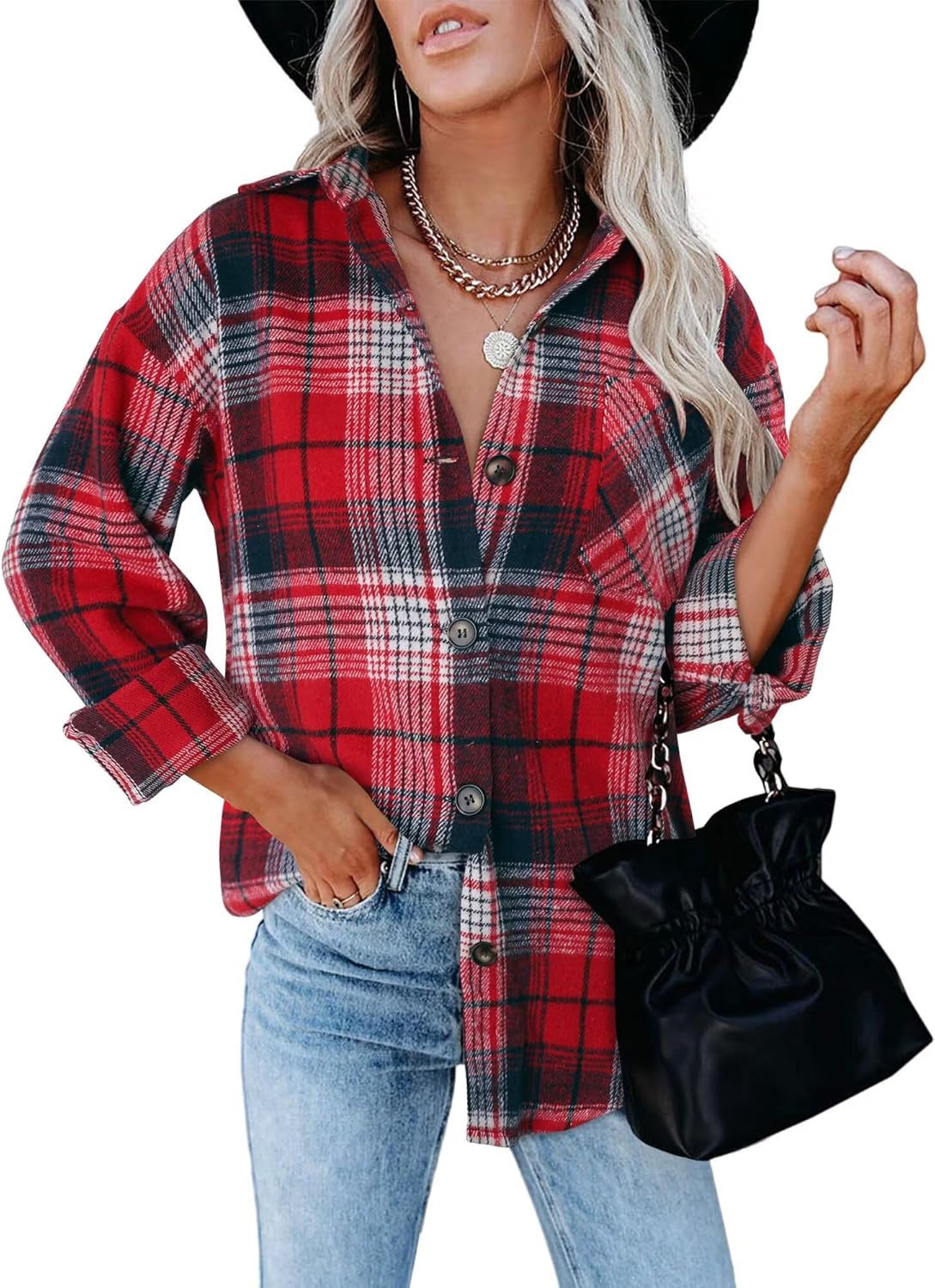 Women's Brushed Plaid Shirts Long Sleeve Flannel Lapel Button Down Cardigan Boyfriend Shacket Jacket Coats - Image 4