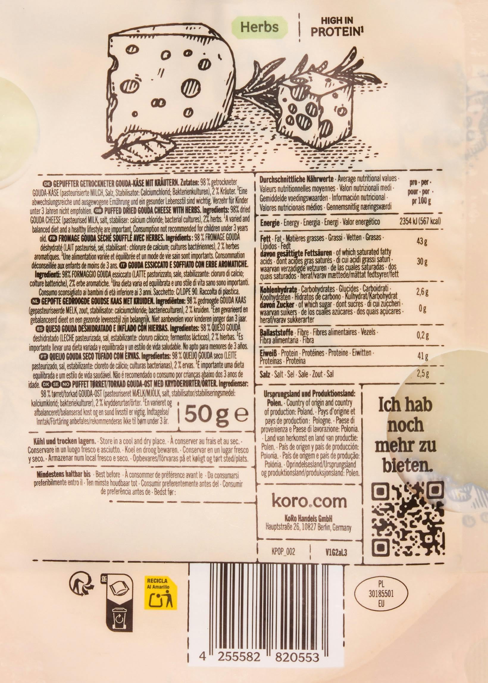 KoRo - Cheese Pops con formaggio Gouda ed erbe di Provenza 10 x 50 g - Ricco di proteine (41 g/100 g) - Consistenza croccante e leggera - Solo 2 ingredienti: formaggio e mix di erbe