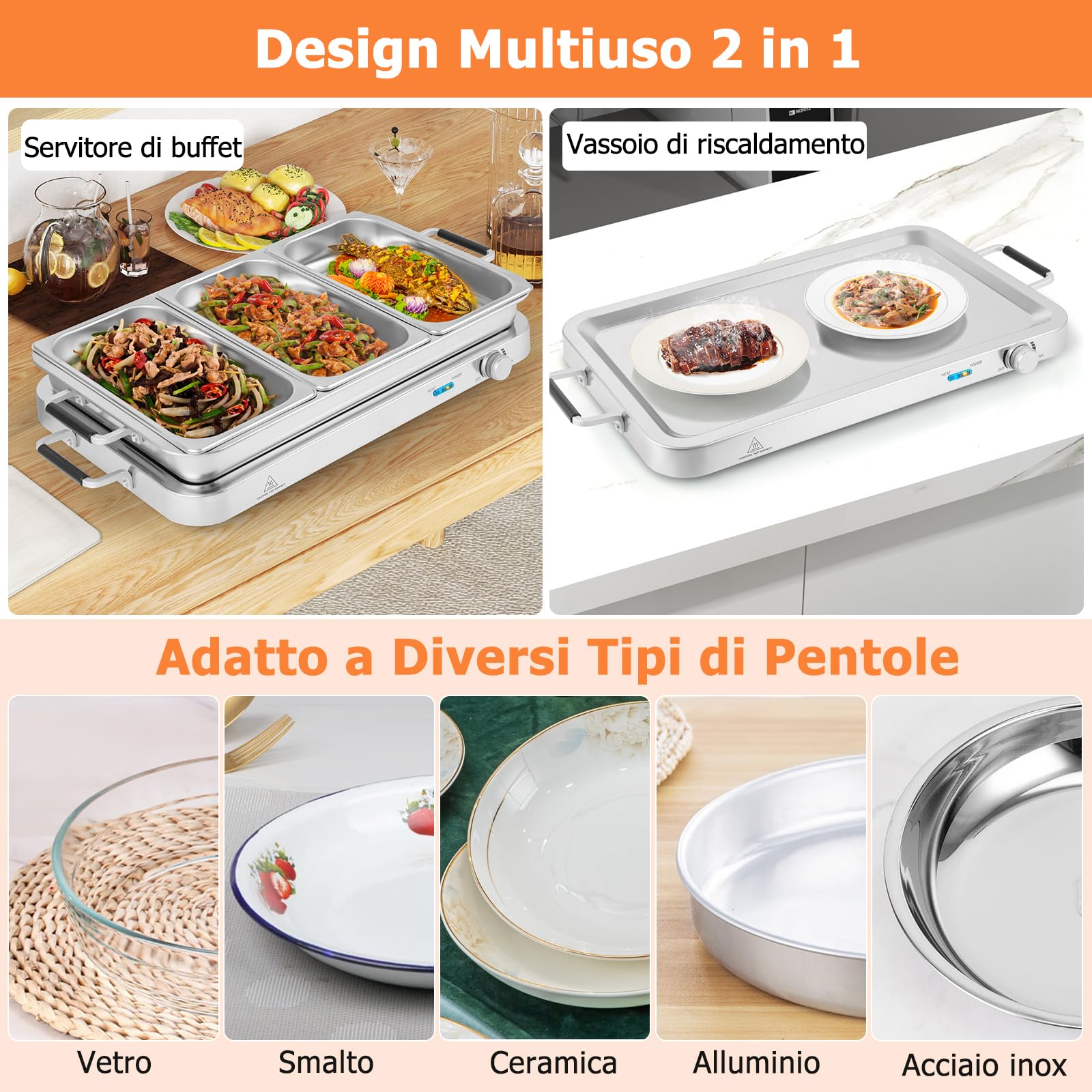 GYMAX Vassoio per Buffet Elettrico, Scaldavivande 2-in-1 con 3 Coperchi e 8 Vassoi in Acciaio Inox da 8 L, Borsa da Trasporto, Piastra Riscaldante Portatile con Controllo di Temperatura per Feste