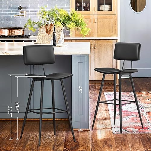 Miniatura 20 de Juego de 2 taburetes de bar de altura de mostrador de 24.5 pulgadas, taburetes de bar tapizados de piel sintética negra con reposapiés trasero y