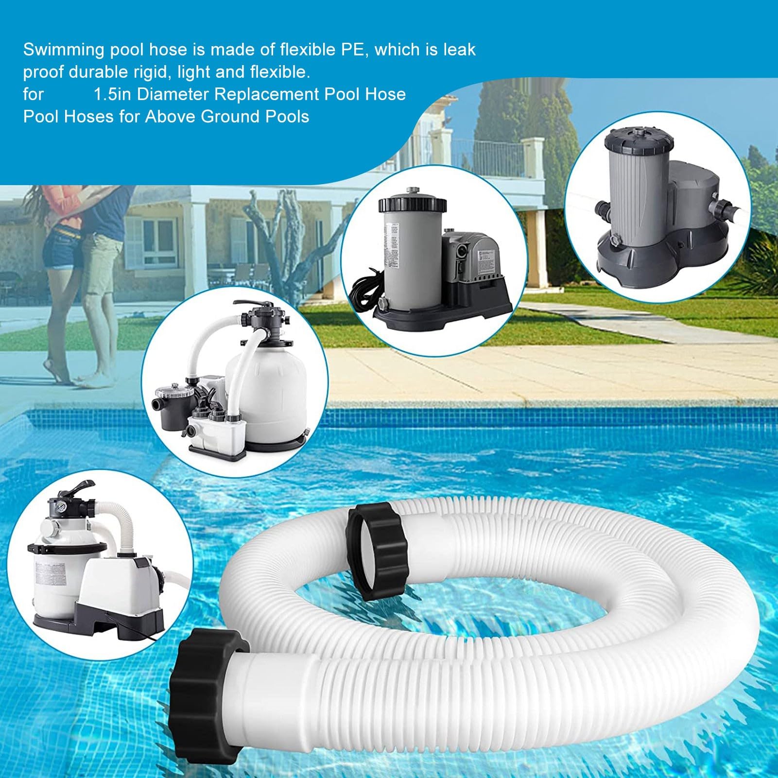 Manguera Flexible para Piscina, Tubo de Repuesto para Filtro y Bomba de Piscina, 1,5 metros, Tubo de Succi¨®n