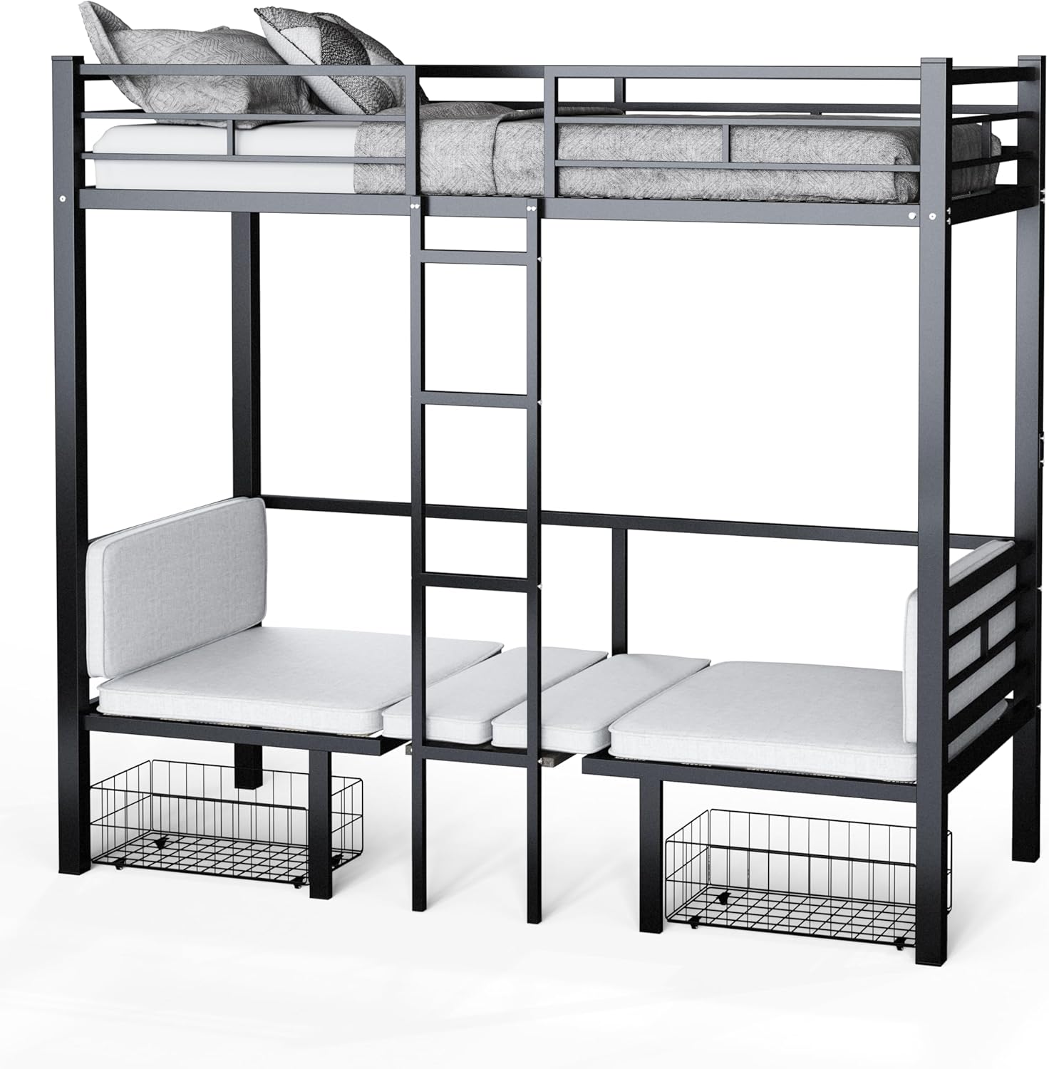 DNYN Twin Size Loft Bed with Desk & Storage Drawers& Table Set for Kids Bedroom,Covertible Twin-Over-Twin Bunkbeds Design,Easy Assemble & Space Saving & No Box Spring Needed,for Small Space, Black