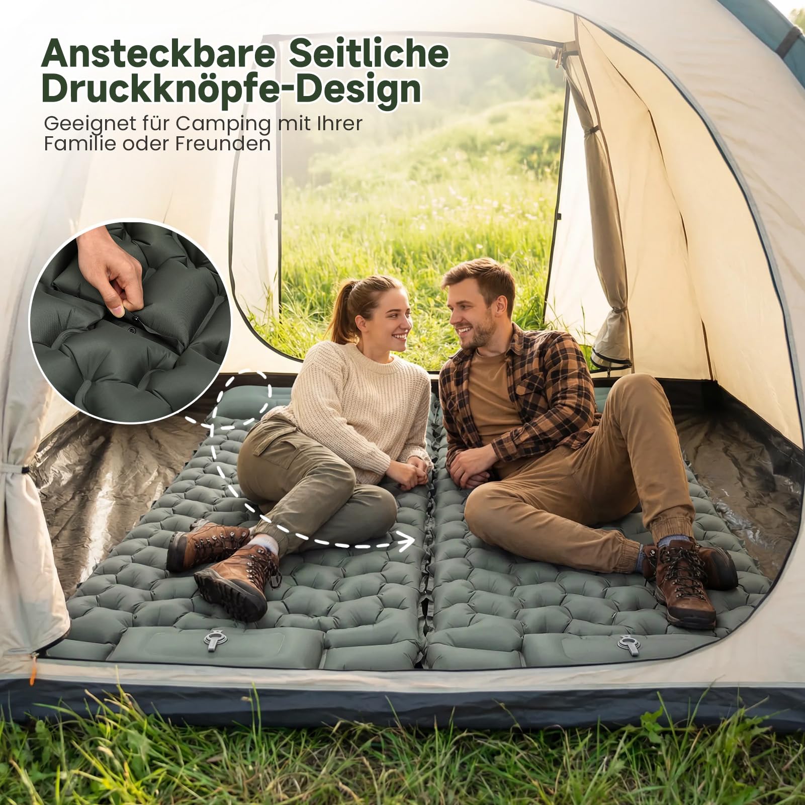 HAUSPROFI Isomatte Camping Luftmatratze extra breit, Ultraleicht, aufblasbar – mit integriertem Kissen & Fußpumpe, 196x70x9 cm, 40D TPU, kleines Packmaß für Outdoor & Reisen (Armeegrün)