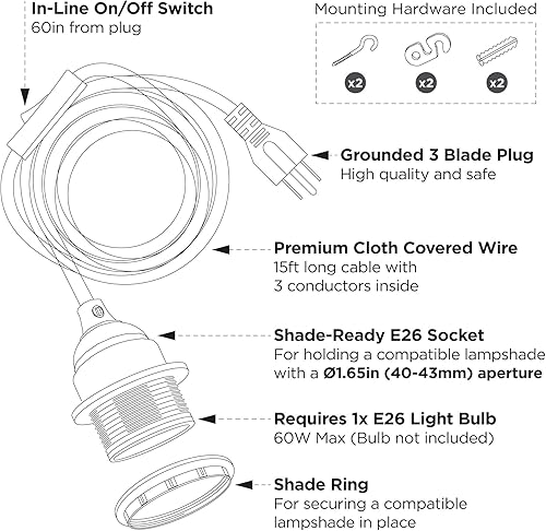 Miniatura 7 de BRIGHTTIA Lámpara colgante de swag negra enchufable  Pantalla de lámpara lista para colgar E26 enchufe roscado con juego de cable de 15 pies e