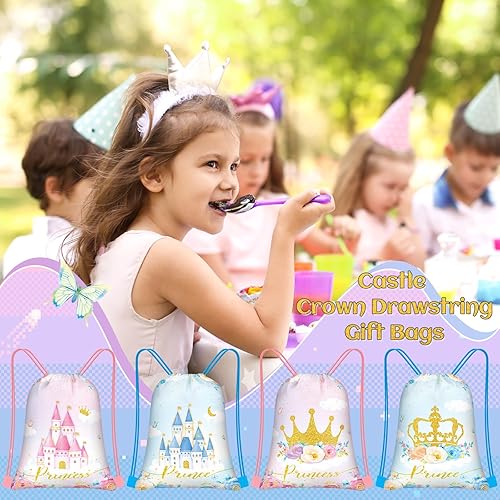 Miniatura 7 de Censen Juego de 24 bolsas con cordón a granel de 12 x 10 pulgadas, bolsas de regalo de princesa príncipe, corona, castillo, floral, bolsa de regalo