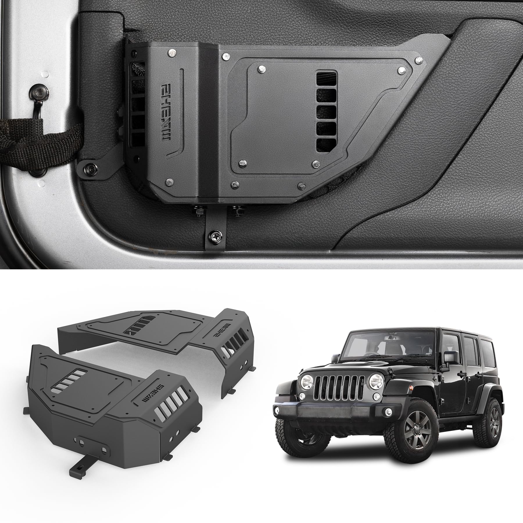 SHEAM - Caja de almacenamiento de bolsillo de metal para puerta delantera con portavasos, compatible con Jeep Wrangler JK 2018-2024 de 2 y 4 puertas, organizador de insertos laterales para puerta, accesorios interiores, 2 unidades