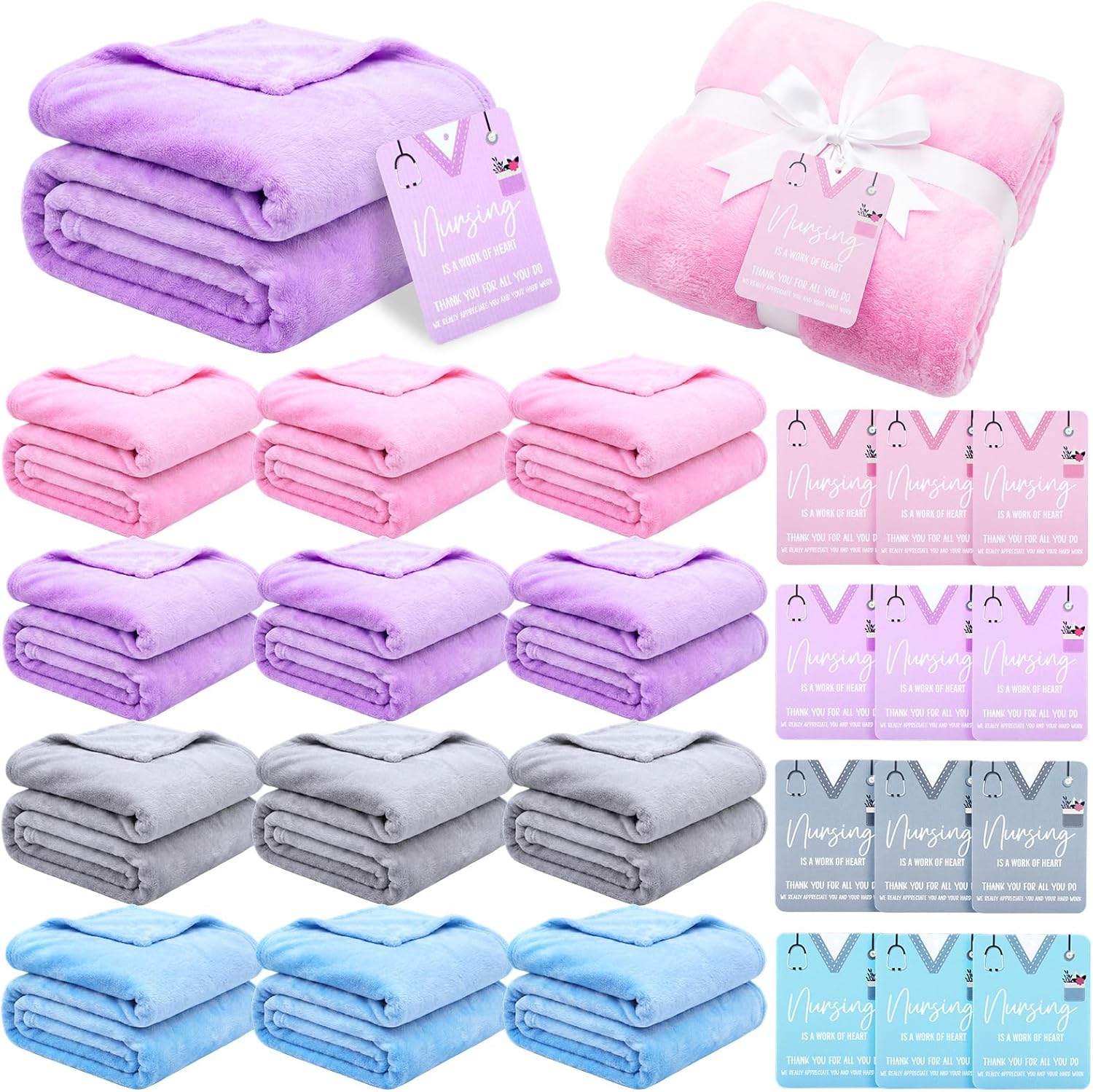 12 Pack Nurse Appreciation Gifts Fleece Throw Blankets Bulk 40x50 Inches Soft Flannel Plush Lap Blanket with Thank You Cards for Nurse Week Graduation Birthday Gifts