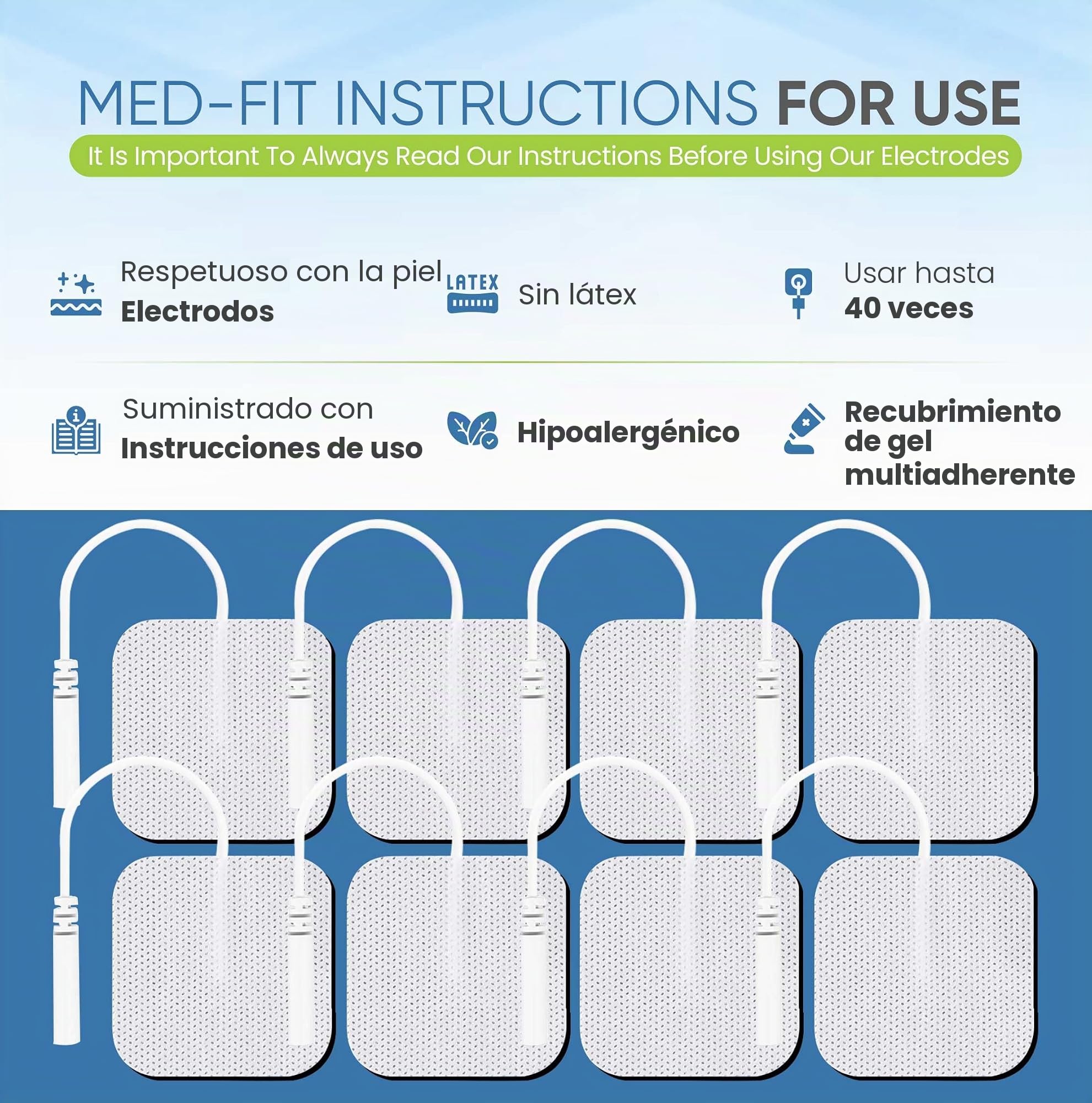 Med-Fit tens pads 16 electrodos 4 packs. El electrodo autoadhesivo extra duradero de la más alta calidad 5cm x 5cm 2 x 2 Med-Fit Electrodes utiliza un gel patentado para una larga vida útil.