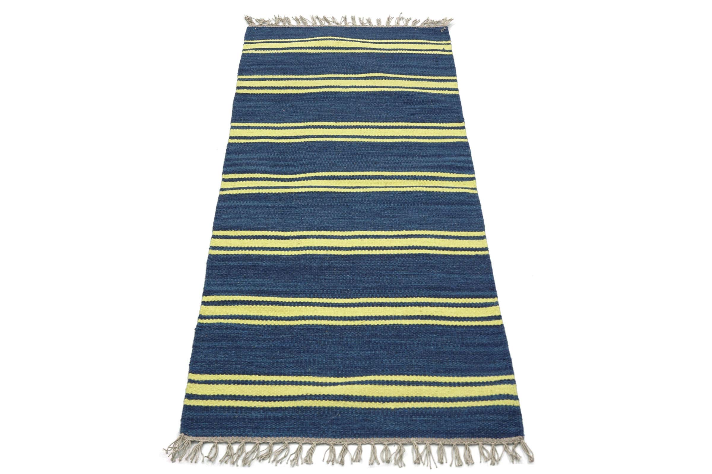 Kelim Tapis tissé à la main à rayures bleues 140 x 70 cm