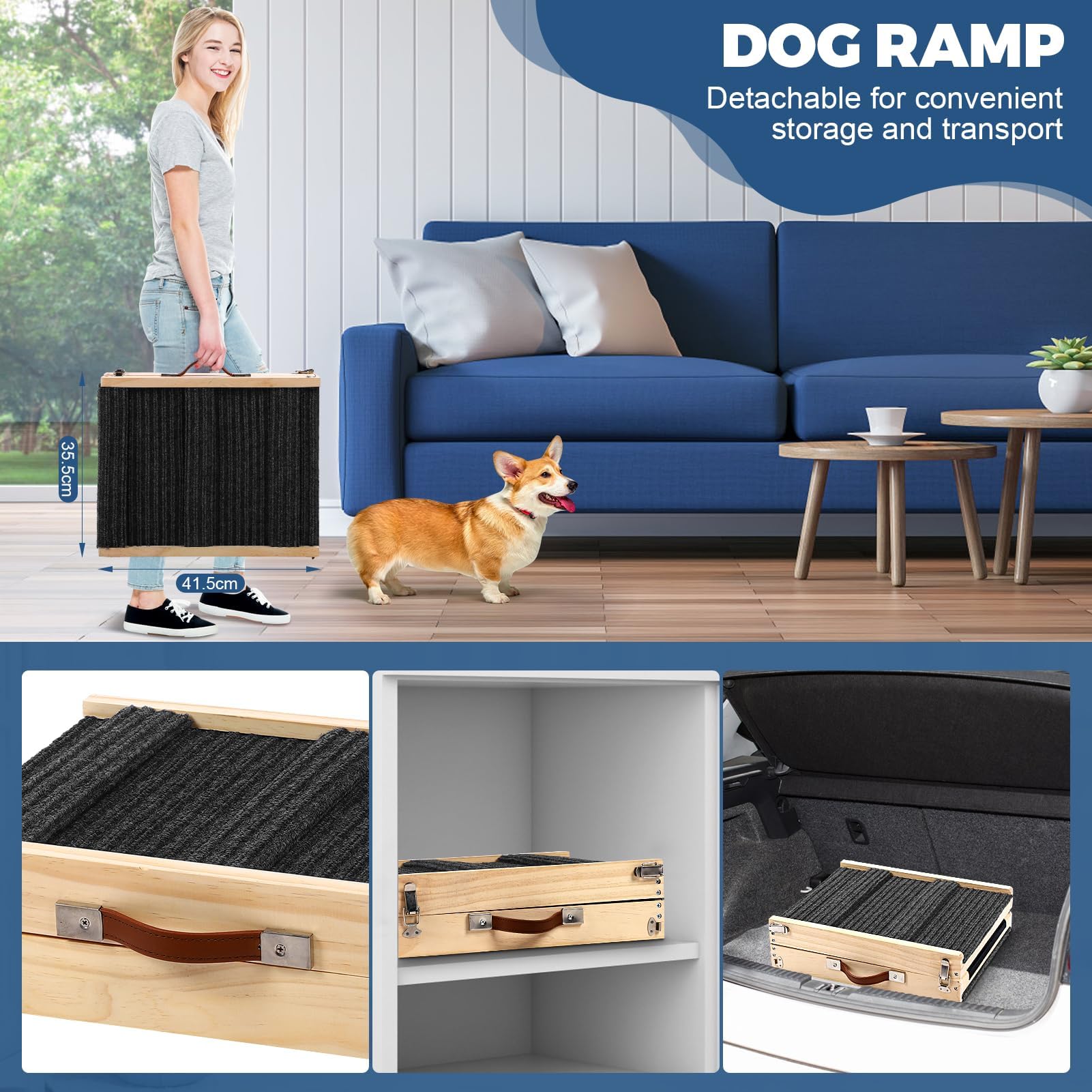 Rampa pieghevole per cani in legno per letto, divano, rampa per animali domestici regolabile per cani piccoli, altezza 25-52 cm, lunghezza 83 cm, Larghezza 35 cm, superficie antiscivolo, rampa