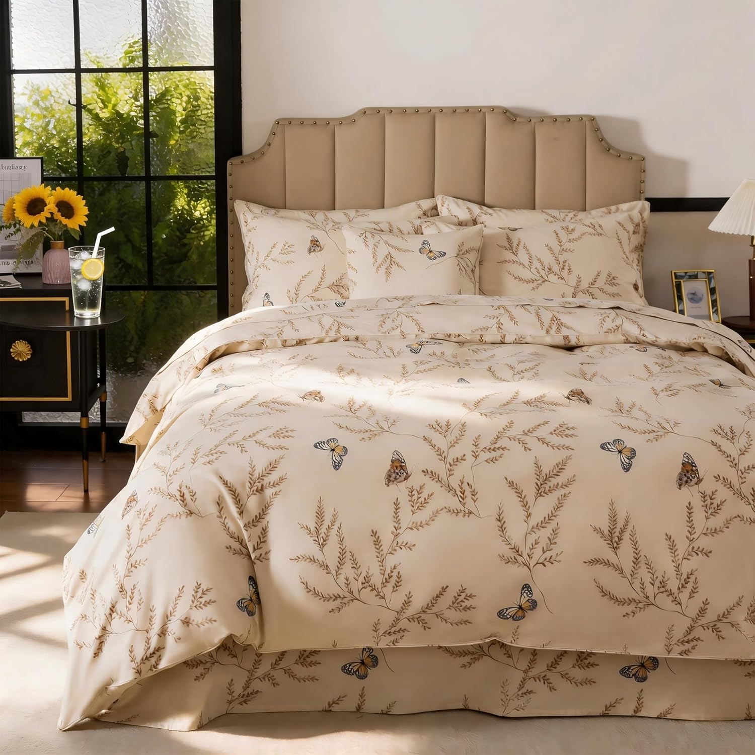 FADFAY King Size Duvet Cover Set - 100% Brushed Cotton, Fluffy & Ultra-Soft, Beige Floral Print, Cozy 3 Piece Bedding