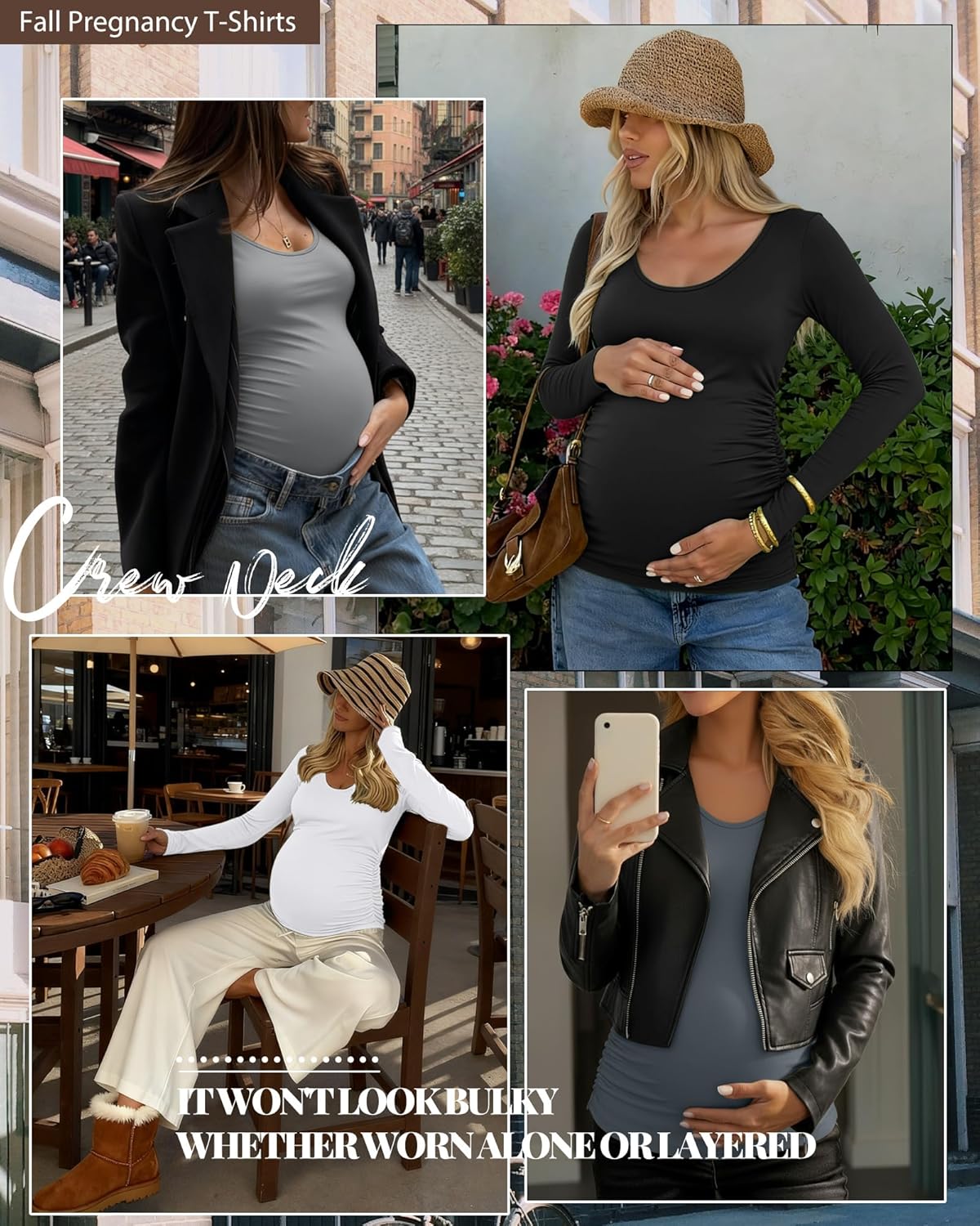 Ficerd 4 Pack Women's Maternity Shirts Long Sleeve Side Ruched Tops Crew Neck Fall Pregnancy T-Shirts Casual Mama Clothes