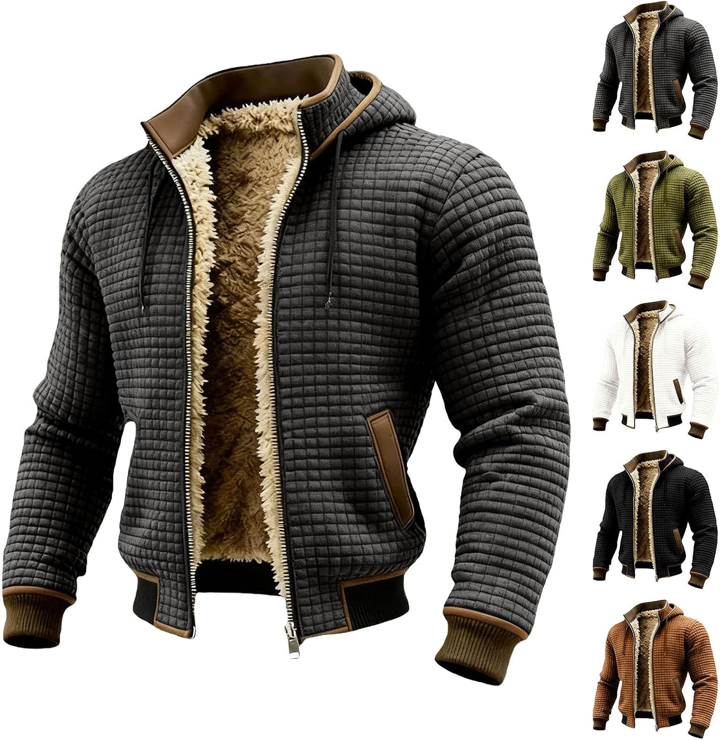 Mens Fleece Jacket, Full Zip Up Hoodie Lightweight Soft Sherpa Lined Waffle Sweatshirt Fashion Winter Warm Coat
