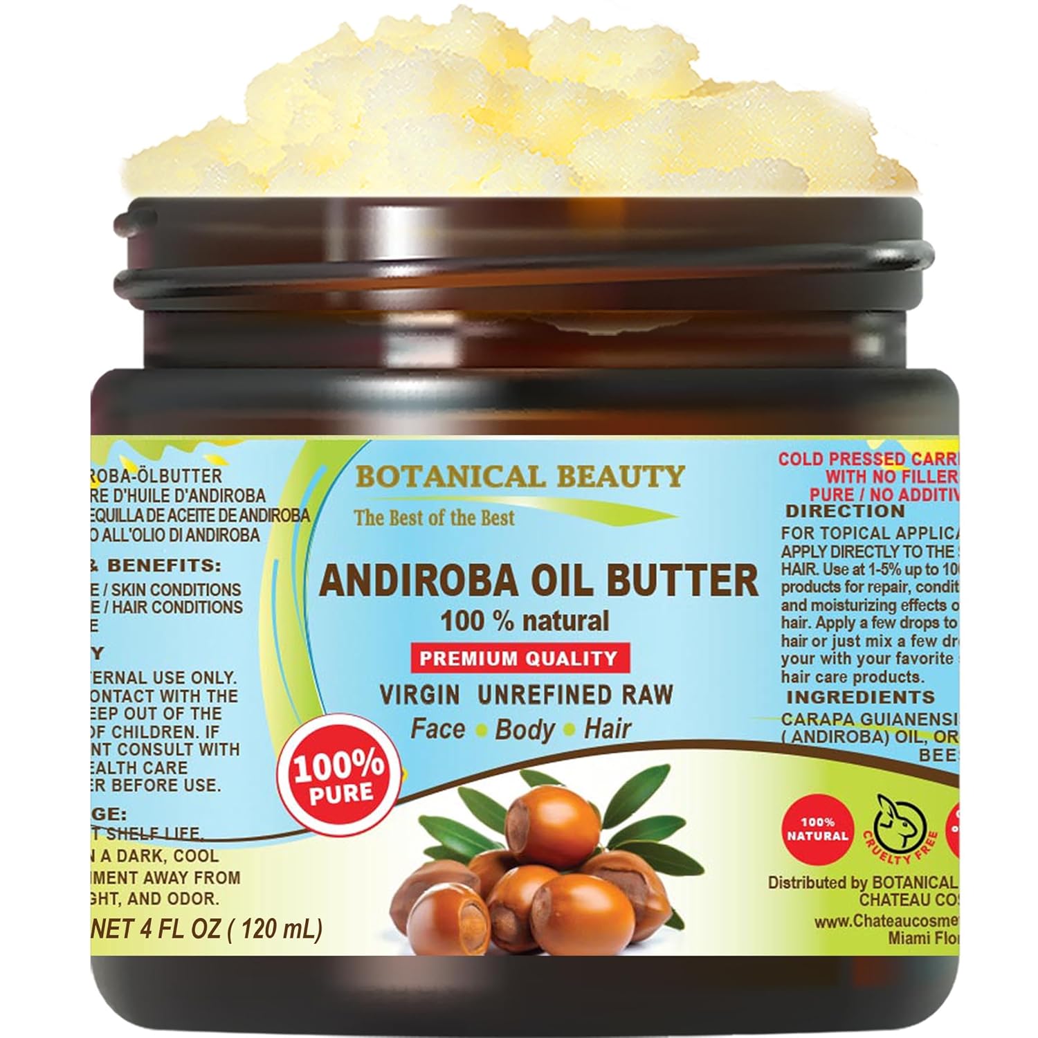 Botanical Beauty Andiroba Oil Butter Raw Pure Natural VIRGIN UNREFINED Cold-Pressed for Face, Skin, Body, Hair, Lip, Nails. Rich in Vitamin E, Vitamin C (8 Fl Oz)