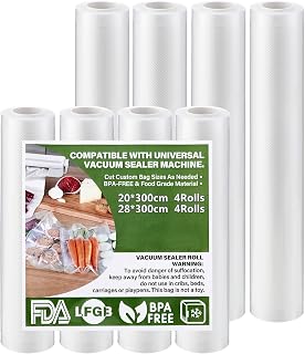 8 Rolls Vacuum Foil, Vacuum Bag Food 20 (4)/28 (4) x 300 cm, BPA-Free, Reusable and Tear Resistant, Specialized Vacuum Bags for Food Vacuum Machines