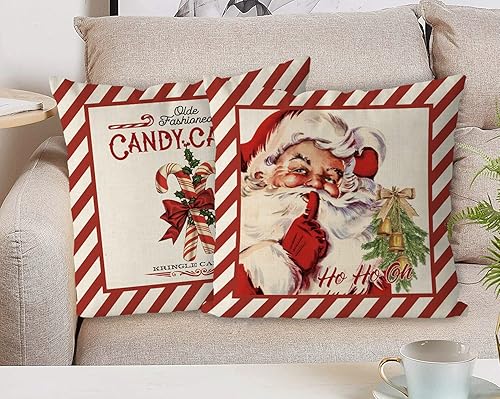 Miniatura 6 de GAGEC Juego de 4 fundas de almohada de Feliz Navidad, bastones de caramelo, alce, Papá Noel, paseos en trineo, invierno, decoración al aire libre,