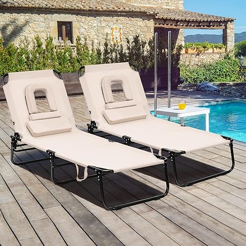 Tangkula Tumbona plegable con agujero para la cara, silla reclinable ajustable de 5 posiciones para tomar el sol, silla de bronceado portátil boca